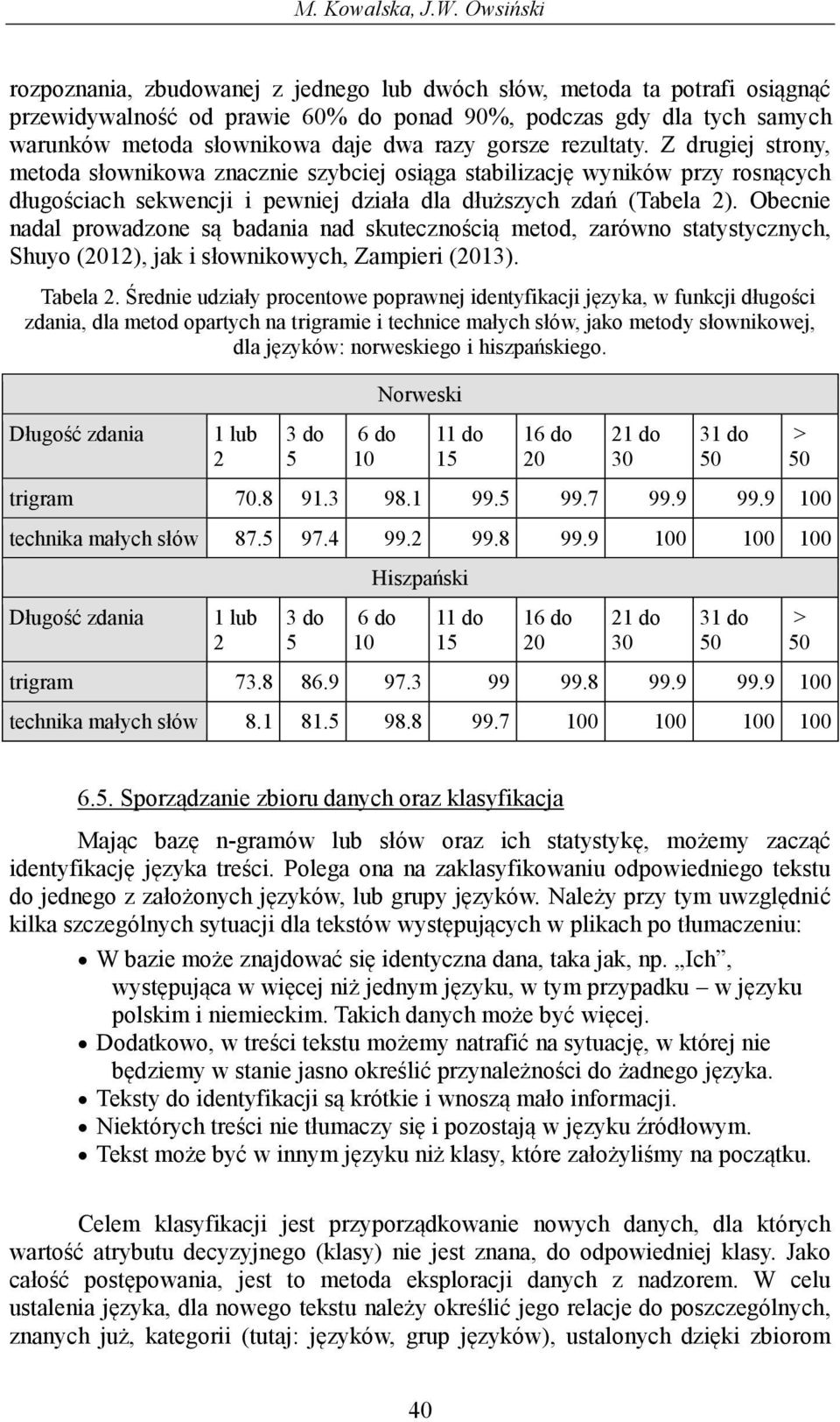gorsze rezultaty. Z drugiej strony, metoda słownikowa znacznie szybciej osiąga stabilizację wyników przy rosnących długościach sekwencji i pewniej działa dla dłuższych zdań (Tabela 2).