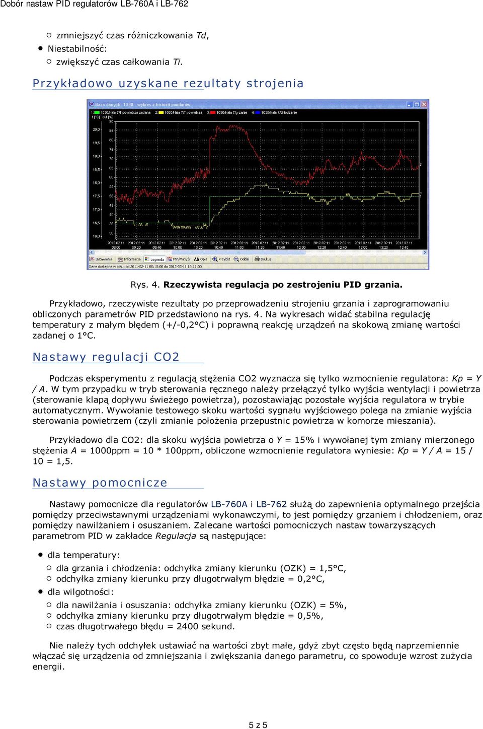 Na wykresach widać stabilna regulację temperatury z małym błędem (+/-0,2 C) i poprawną reakcję urządzeń na skokową zmianę wartości zadanej o 1 C.