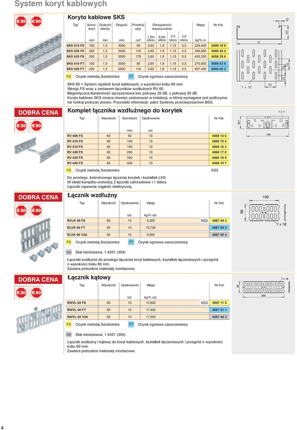 SKS 60 = System ciężkich koryt kablowych, o wysokości boku 60 mm. Wersja wraz z zestawem łączników wzdłużnych RV 60. Magnetyczna tłumienność sprzężeniowa bez pokrywy 20 db, z pokrywą 50 db.