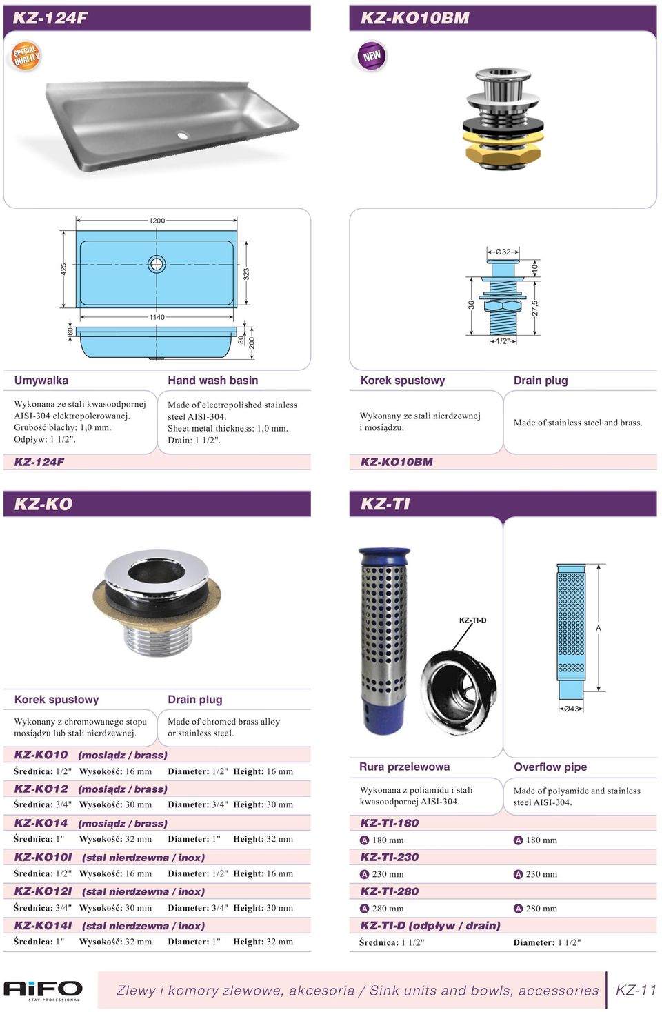 KZ-124F KZ-KO10M KZ-KO KZ-TI KZ-TI-D Korek spustowy Wykonany z chromowanego stopu mosiądzu lub stali nierdzewnej. Drain plug Made of chromed brass alloy or stainless steel.