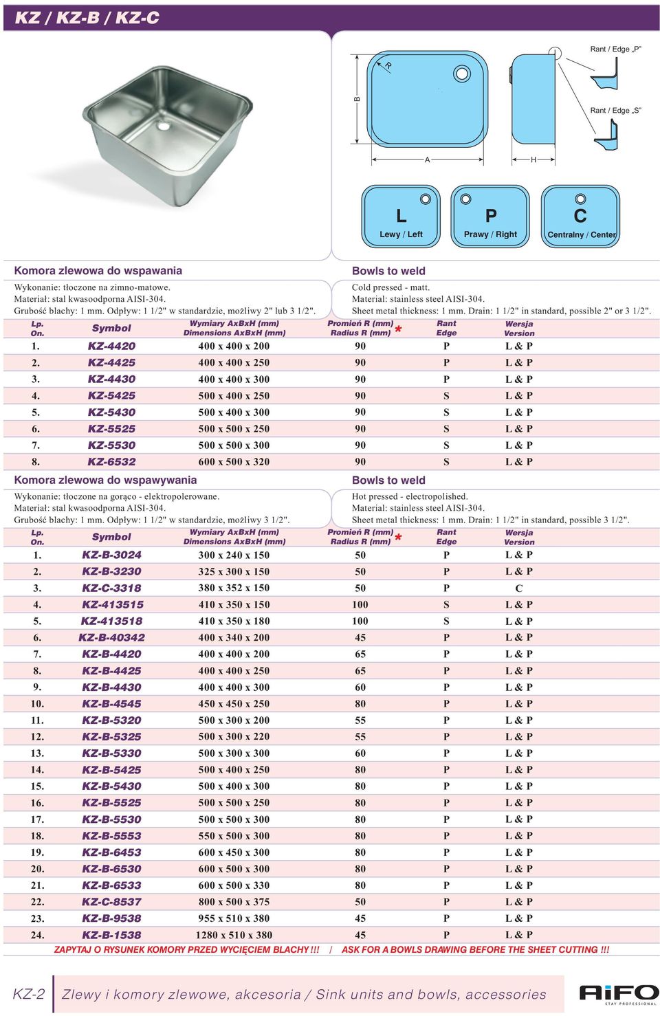 Drain: 1 1/2" in standard, possible 2" or 1/2". 6. KZ--4042 400 x 40 x 200 45 P 7. KZ--4420 400 x 400 x 200 65 P 8. KZ--4425 400 x 400 x 250 65 P 9. KZ--440 400 x 400 x 00 60 P 10.