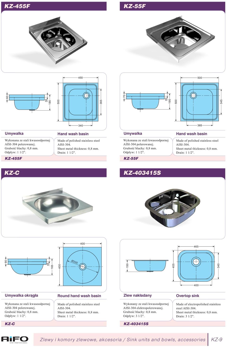 Sheet metal thickness: 0,8 mm. Drain: 1 1/2".