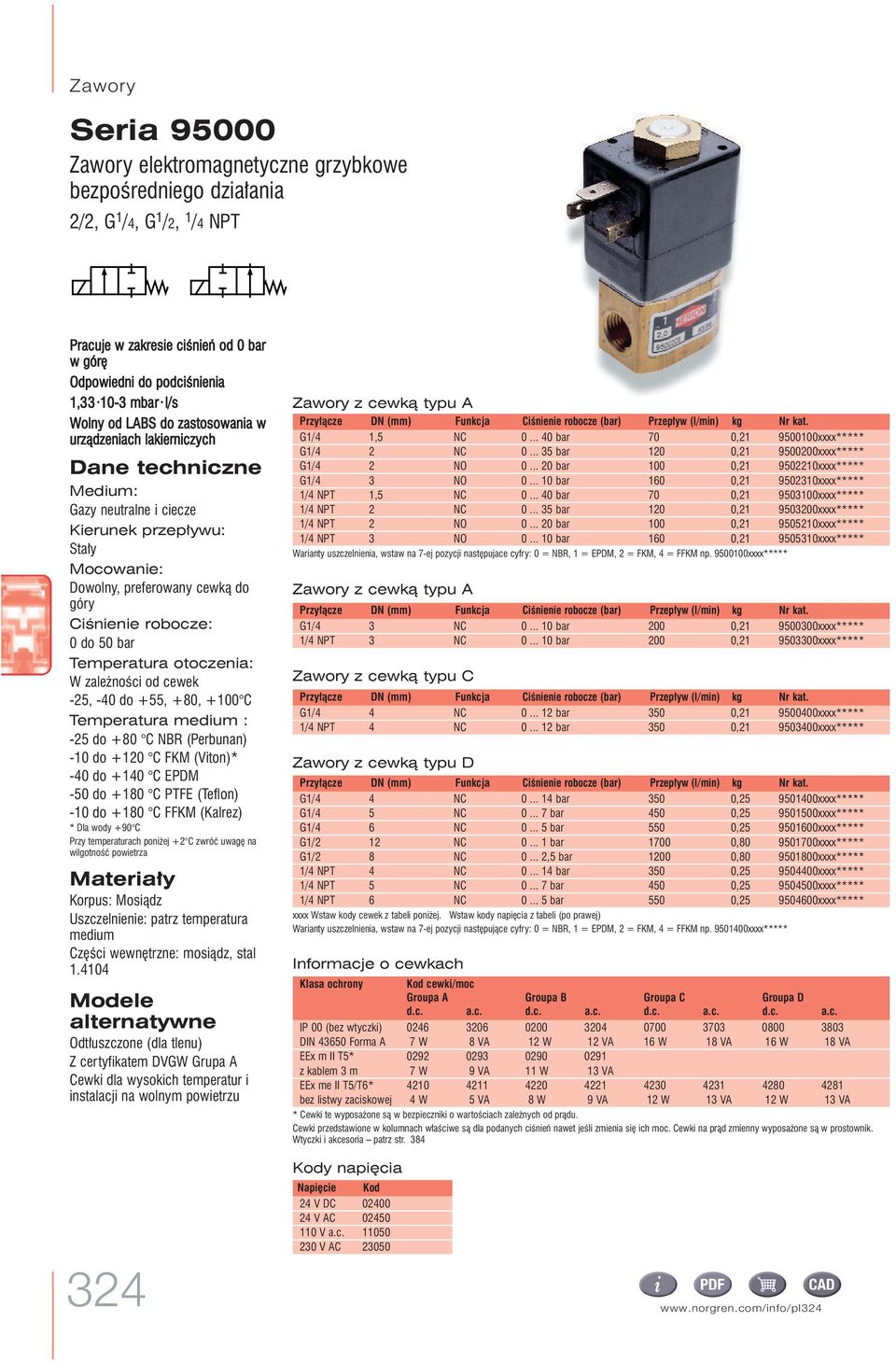 Temperatura otoczenia: W zale noêci od cewek -, -4 do +, +8, + Temperatura medium : - do +8 NR (Perbunan) - do + FKM (Viton) -4 do +4 EPM - do +8 PTFE (Teflon) - do +8 FFKM (Kalrez) la wody +9 Przy