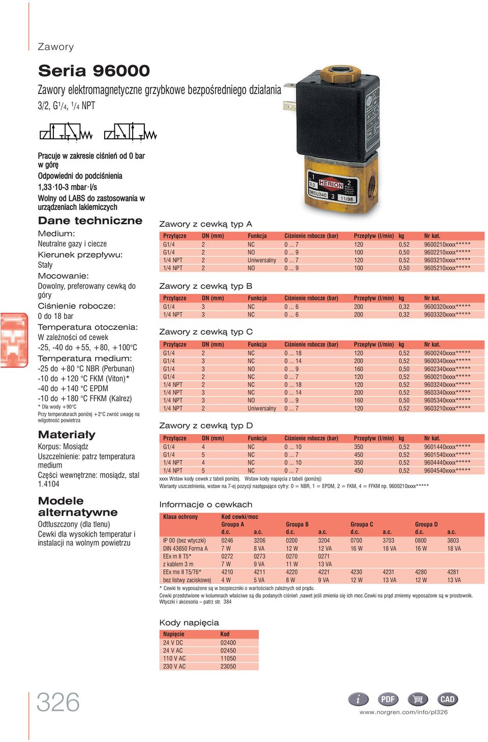 Temperatura otoczenia: W zale noêci od cewek -, -4 do +, +8, + Temperatura medium: - do +8 NR (Perbunan) - do + FKM (Viton) -4 do +4 EPM - do +8 FFKM (Kalrez) la wody +9 Przy temperaturach poni ej +