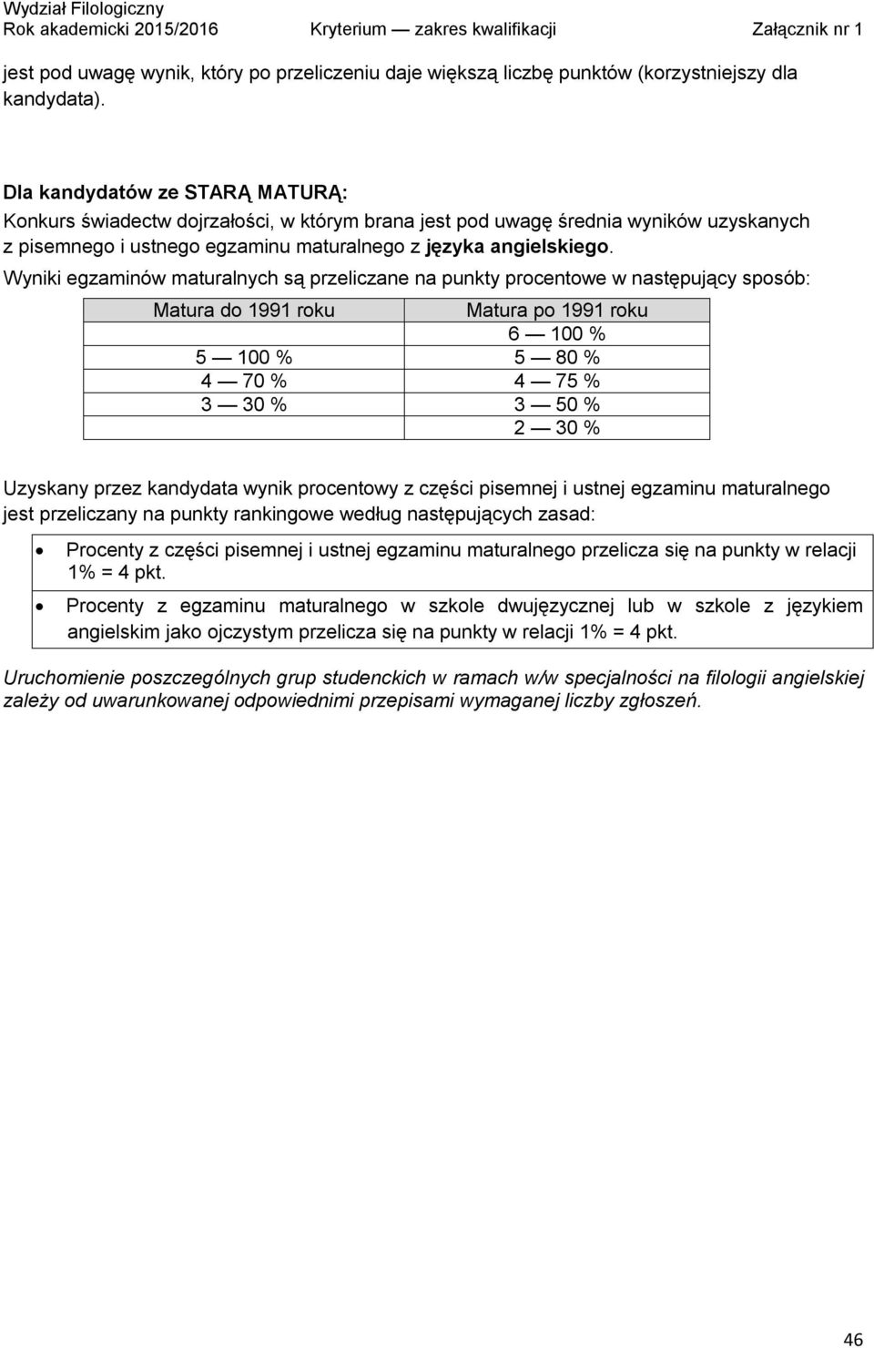 Wyniki egzaminów maturalnych są przeliczane na punkty procentowe w następujący sposób: Matura do 1991 roku Matura po 1991 roku 6 100 % 5 100 % 5 80 % 4 70 % 4 75 % 3 30 % 3 50 % 2 30 % Uzyskany przez