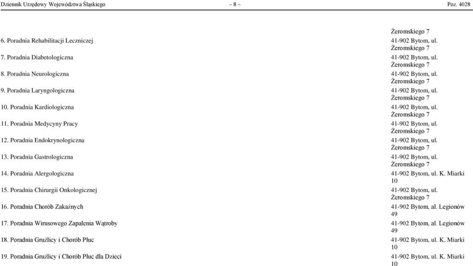 Poradnia Gastrologiczna 41-902 Bytom, ul. 14. Poradnia Alergologiczna 41-902 Bytom, ul. K. Miarki 15. Poradnia Chirurgii Onkologicznej 41-902 Bytom, ul. 16. Poradnia Chorób Zakaźnych 41-902 Bytom, al.