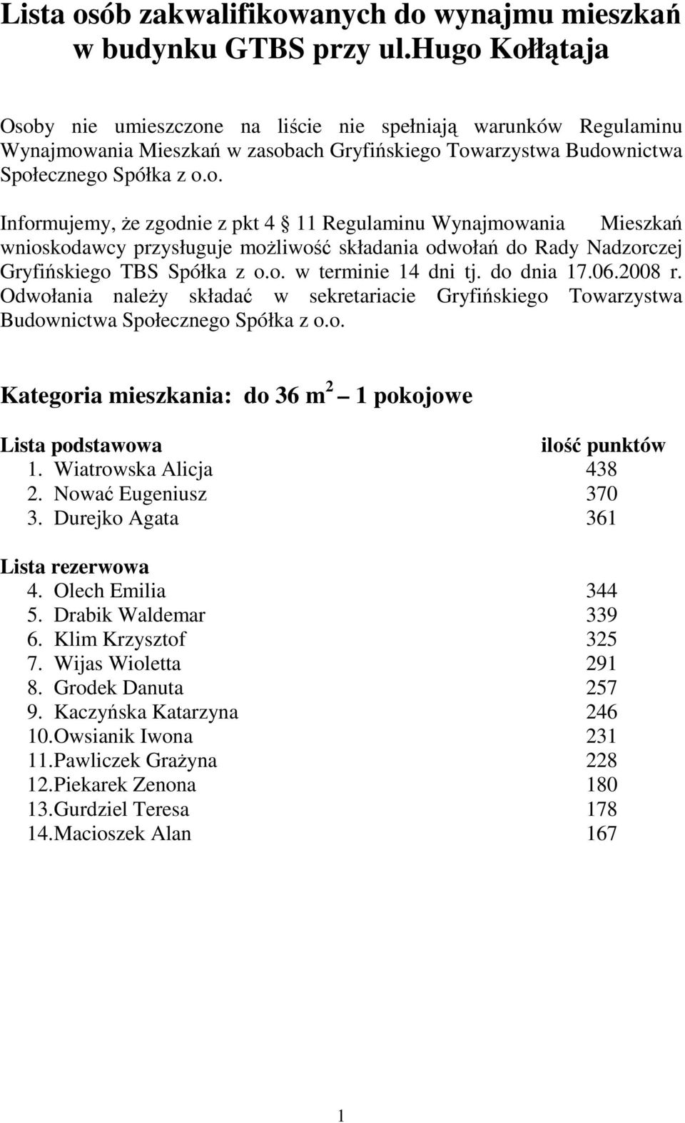 o. w terminie 14 dni tj. do dnia 17.06.2008 r. Odwołania naleŝy składać w sekretariacie Gryfińskiego Towarzystwa Budownictwa Społecznego Spółka z o.o. Kategoria mieszkania: do 36 m 2 1 pokojowe 1.