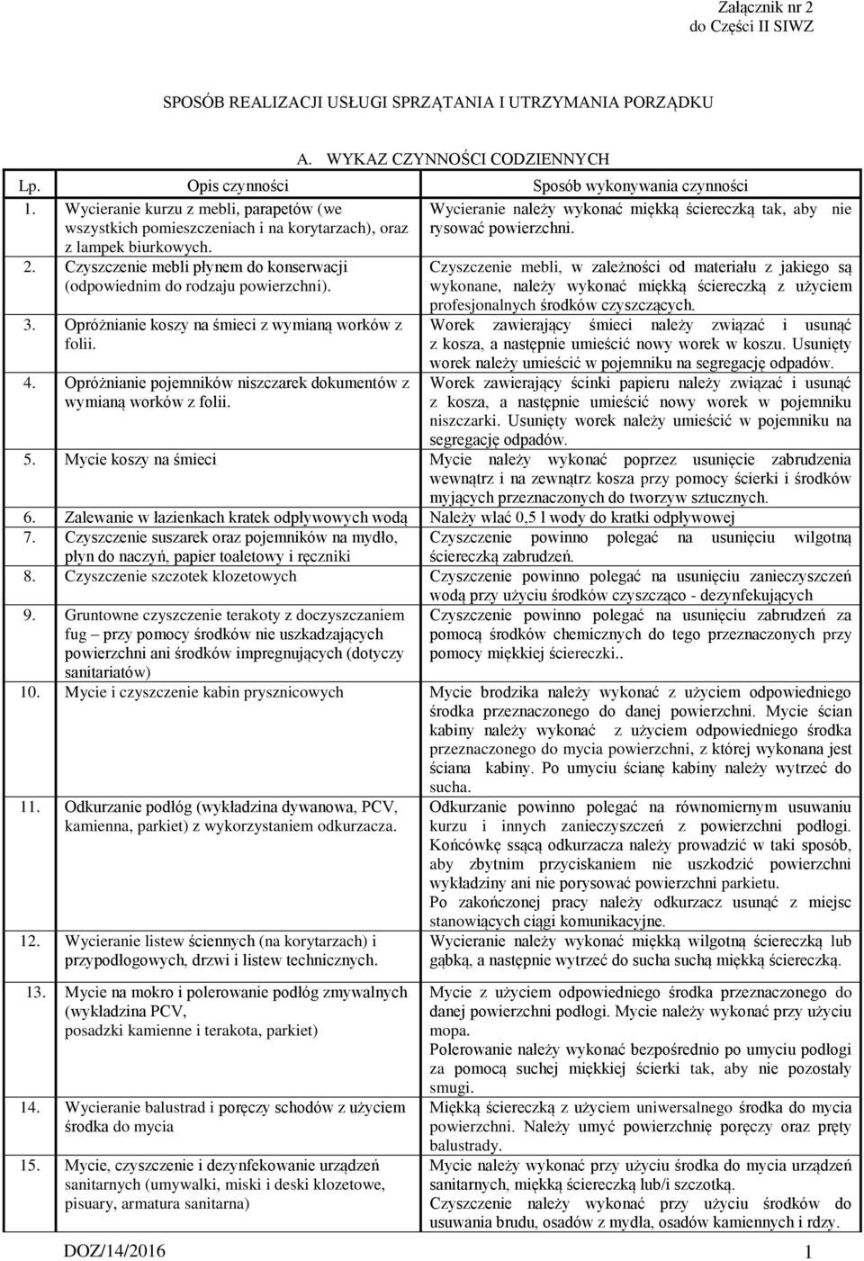 Opróżnianie koszy na śmieci z wymianą worków z folii. 4. Opróżnianie pojemników niszczarek dokumentów z wymianą worków z folii.