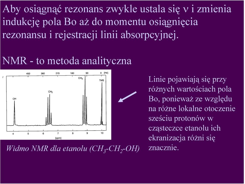 NMR - to metoda analityczna Widmo NMR dla etanolu (CH 3 -CH 2 -OH) Linie pojawiają się przy