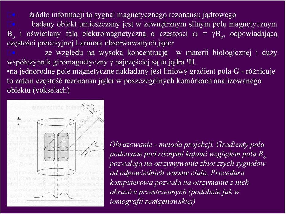 na jednorodne pole magnetyczne nakładany jest liniowy gradient pola G -różnicuje to zatem częstość rezonansu jąder w poszczególnych komórkach analizowanego obiektu (vokselach) Obrazowanie - metoda