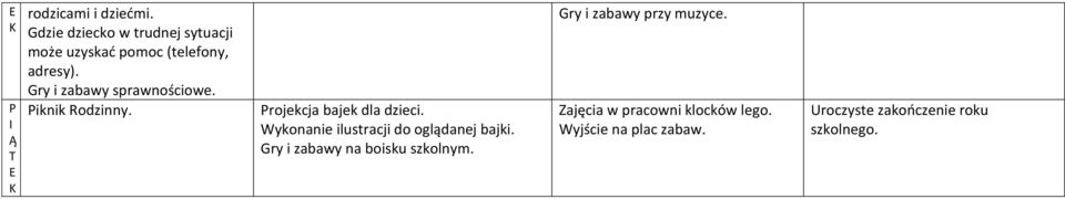 Gry i zabawy sprawnościowe. iknik odzinny. rojekcja bajek dla dzieci.