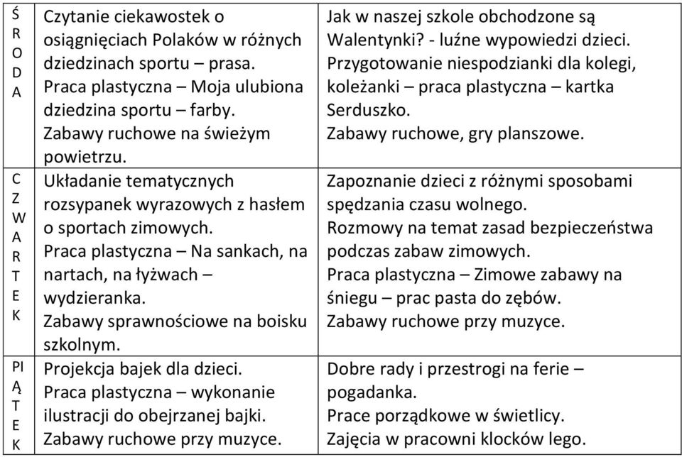 raca plastyczna wykonanie ilustracji do obejrzanej bajki. abawy ruchowe przy muzyce. Jak w naszej szkole obchodzone są alentynki? - luźne wypowiedzi dzieci.