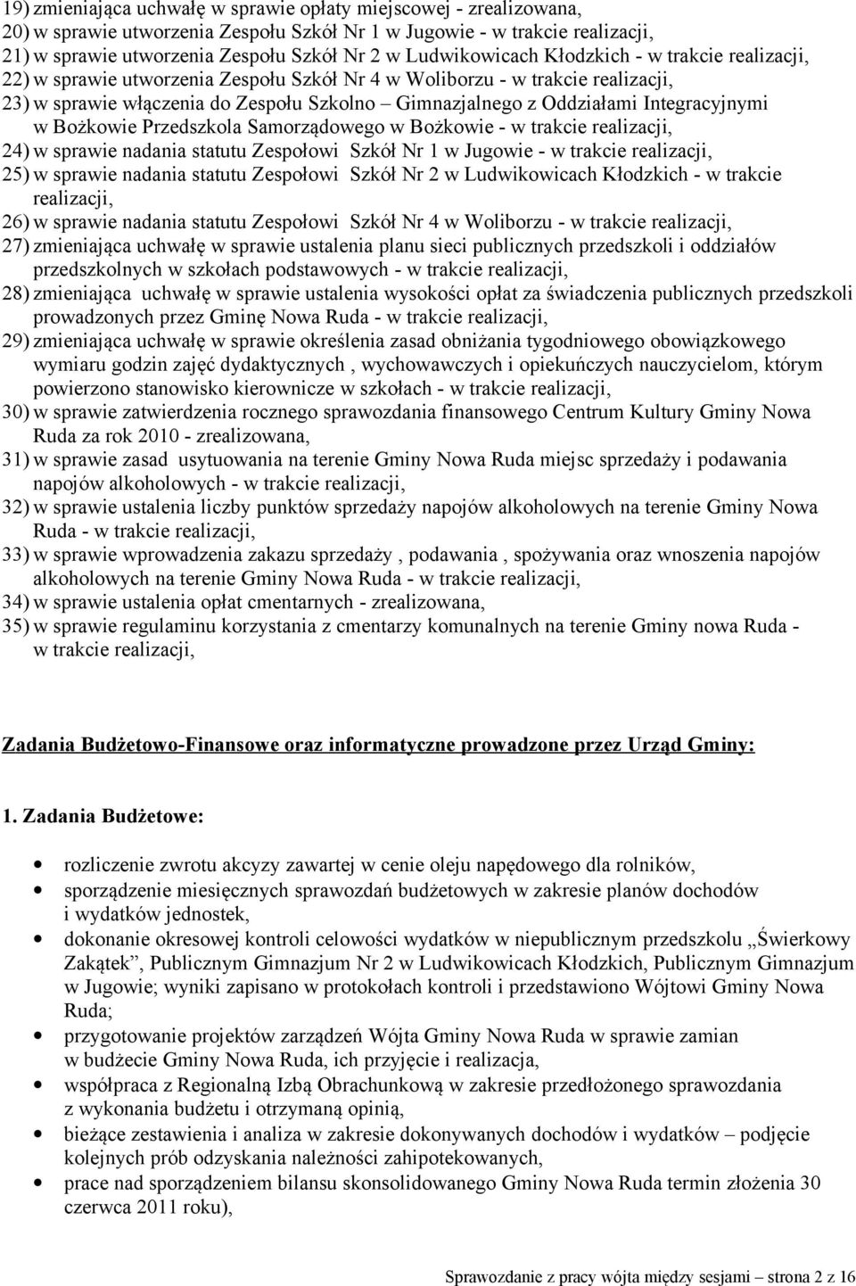 Integracyjnymi w Bożkowie Przedszkola Samorządowego w Bożkowie - w trakcie realizacji, 24) w sprawie nadania statutu Zespołowi Szkół Nr 1 w Jugowie - w trakcie realizacji, 25) w sprawie nadania