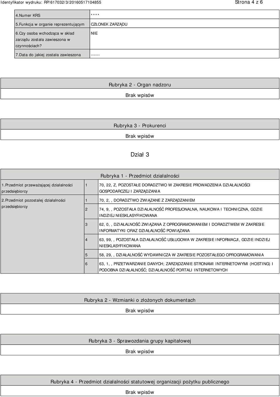 Przedmiot pozostałej działalności przedsiębiorcy 1 70, 22, Z, POZOSTAŁE DORADZTWO W ZAKRESIE PROWADZENIA DZIAŁALNOŚCI GOSPODARCZEJ I ZARZĄDZANIA 1 70, 2,, DORADZTWO ZWIĄZANE Z ZARZĄDZAM 2 74, 9,,