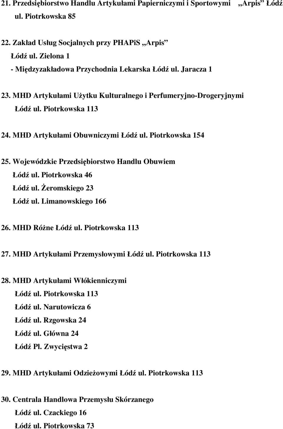 Piotrkowska 154 25. Wojewódzkie Przedsiębiorstwo Handlu Obuwiem Łódź ul. Piotrkowska 46 Łódź ul. Żeromskiego 23 Łódź ul. Limanowskiego 166 26. MHD Różne Łódź ul. Piotrkowska 113 27.