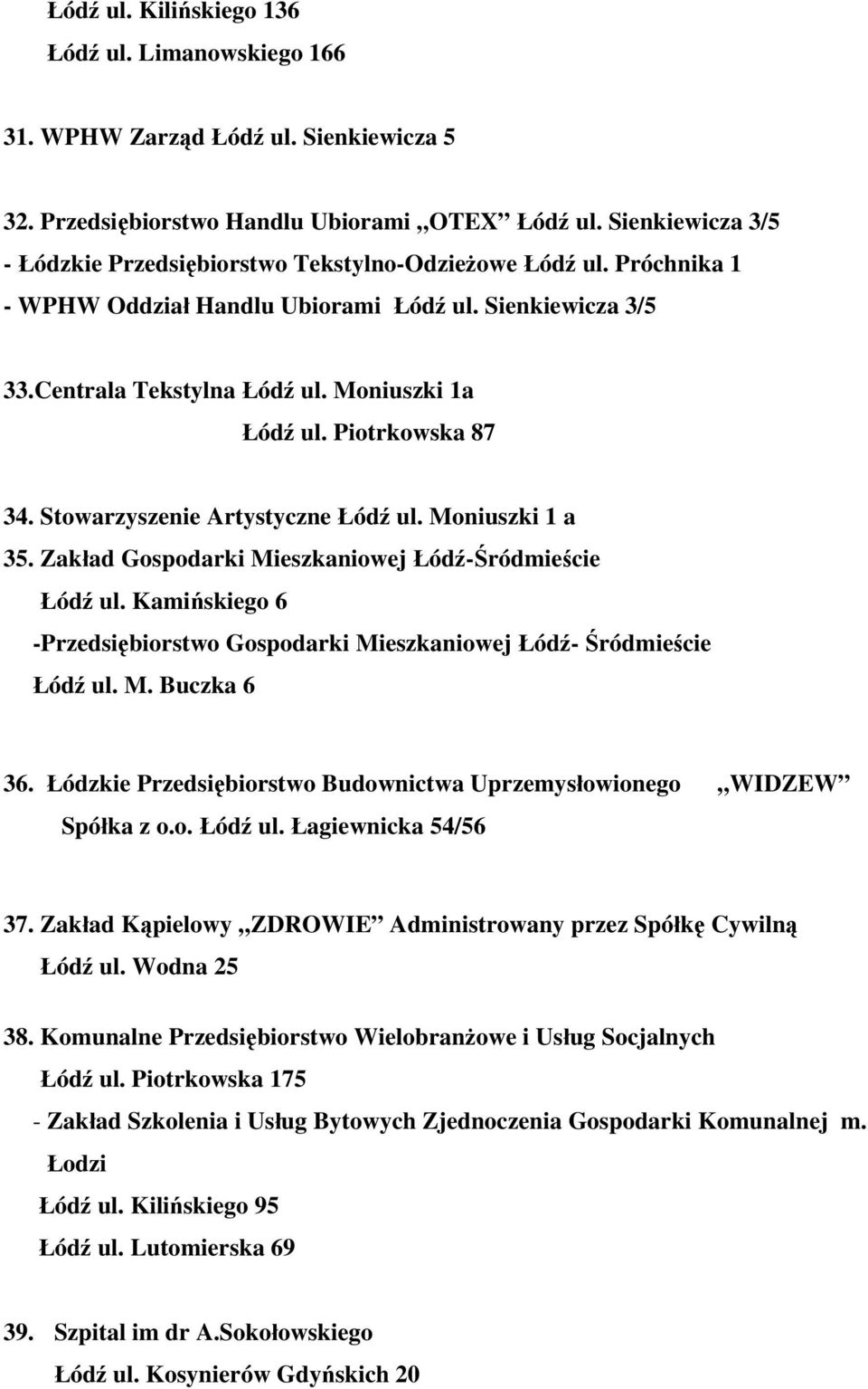 Piotrkowska 87 34. Stowarzyszenie Artystyczne Łódź ul. Moniuszki 1 a 35. Zakład Gospodarki Mieszkaniowej Łódź-Śródmieście Łódź ul.