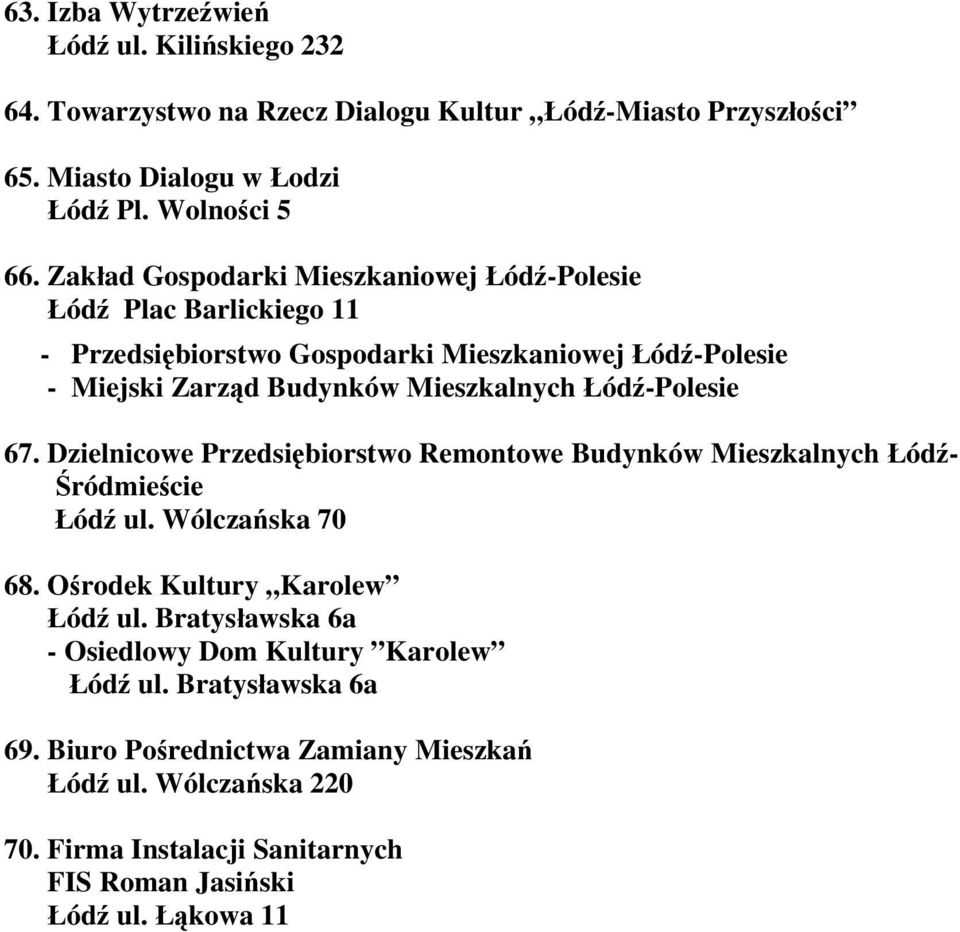 Łódź-Polesie 67. Dzielnicowe Przedsiębiorstwo Remontowe Budynków Mieszkalnych Łódź- Śródmieście Łódź ul. Wólczańska 70 68. Ośrodek Kultury Karolew Łódź ul.