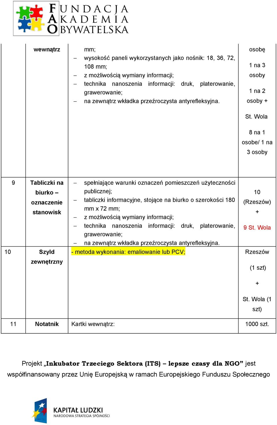 Wola 8 na 1 osobe/ 1 na 3 osoby 9 Tabliczki na biurko oznaczenie stanowisk 10 Szyld zewnętrzny spełniające warunki oznaczeń pomieszczeń użyteczności publicznej; tabliczki informacyjne, stojące