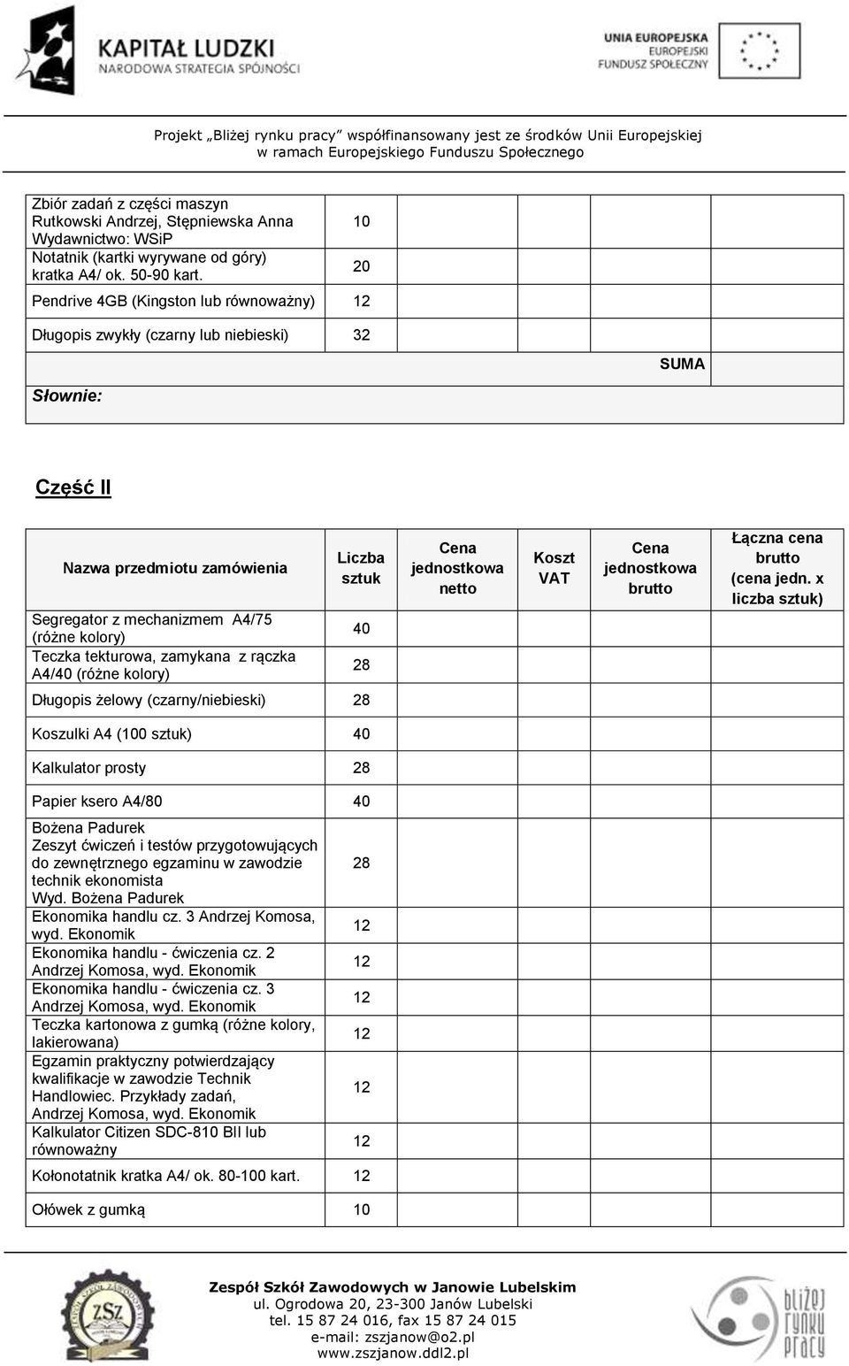 zamykana z rączka A4/40 (różne kolory) Liczba sztuk 40 28 netto Koszt VAT Łączna cena (cena jedn.