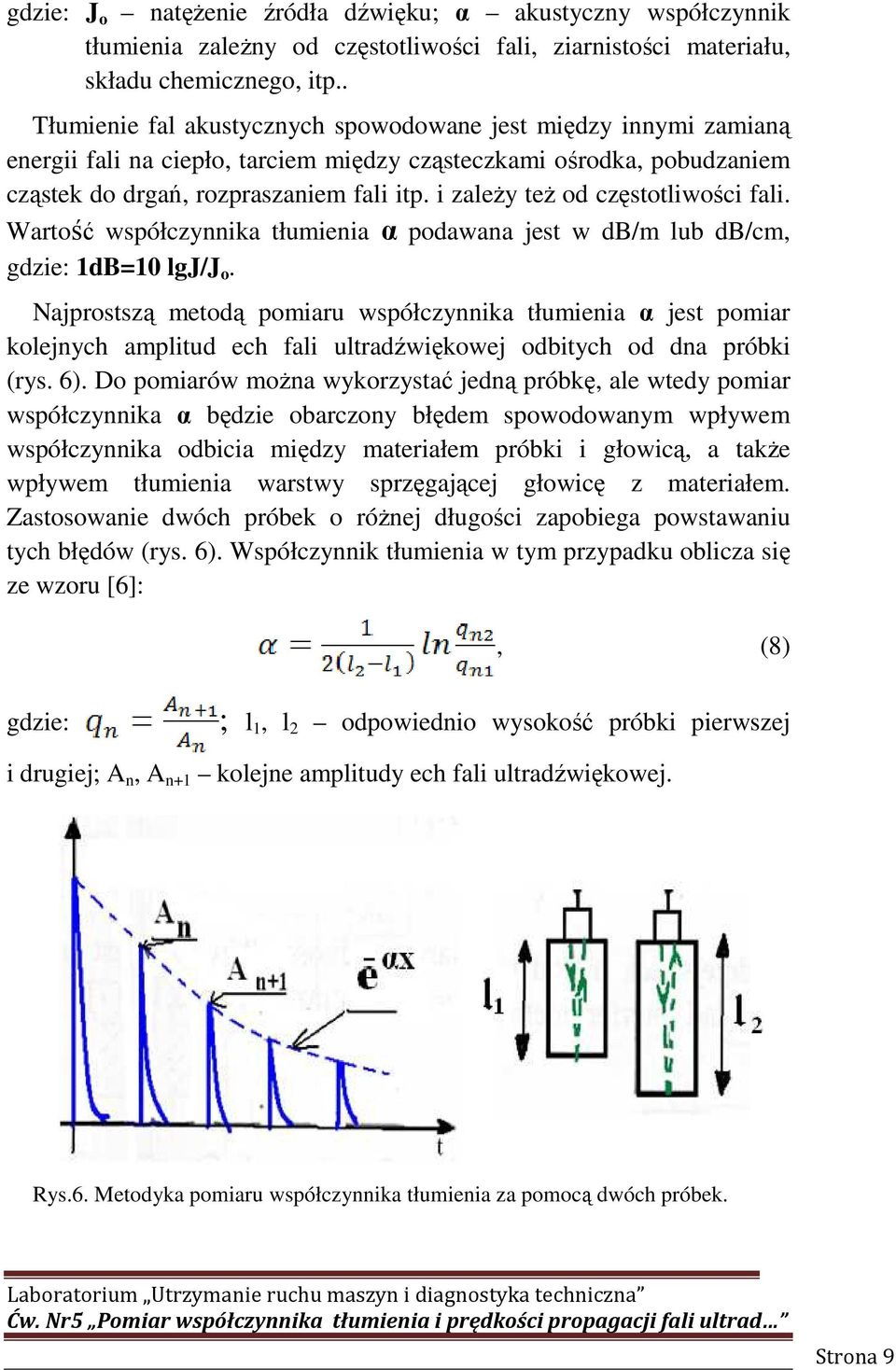 i zależy też od częstotliwości fali. Wartość współczynnika tłumienia α podawana jest w db/m lub db/cm, gdzie: 1dB=10 lgj/j o.
