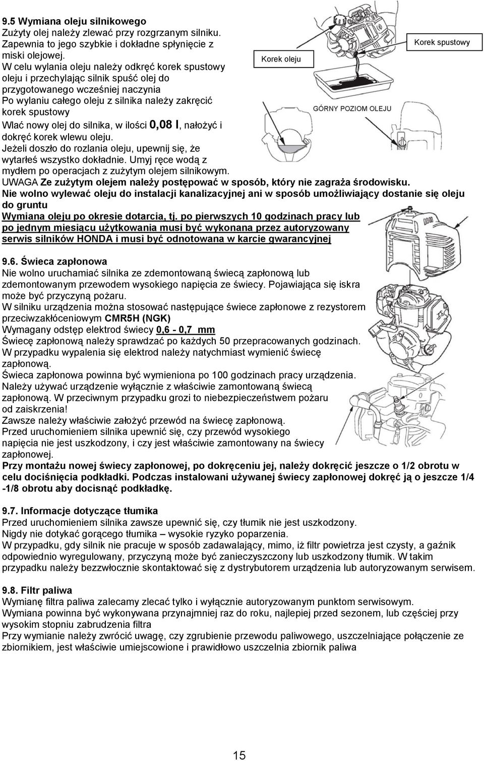 spustowy Wlać nowy olej do silnika, w ilości 0,08 l, nałożyć i dokręć korek wlewu oleju. Jeżeli doszło do rozlania oleju, upewnij się, że wytarłeś wszystko dokładnie.