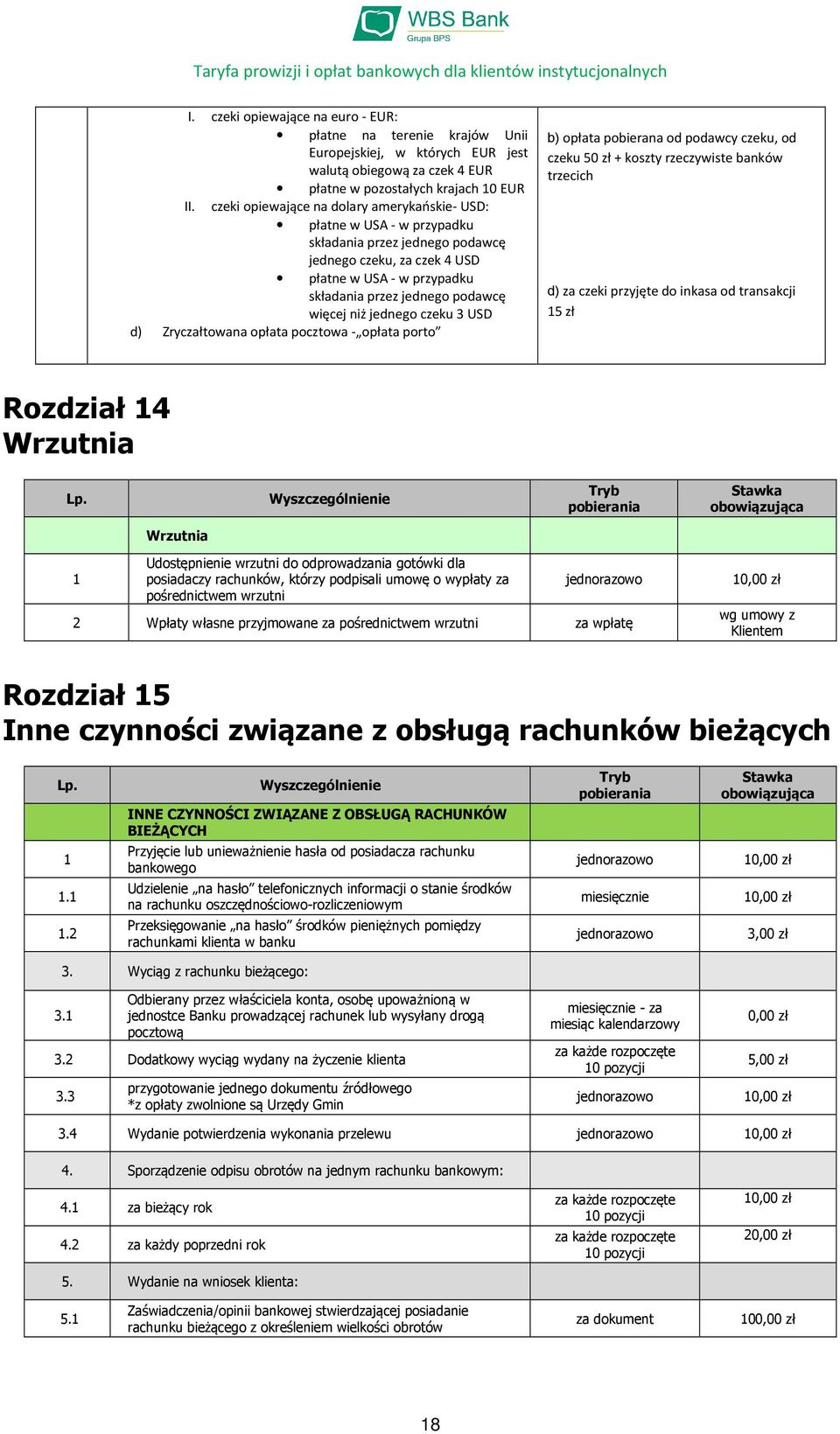 niż jednego czeku 3 USD d) Zryczałtowana opłata pocztowa - opłata porto b) opłata pobierana od podawcy czeku, od czeku 50 zł + koszty rzeczywiste banków trzecich d) za czeki przyjęte do inkasa od