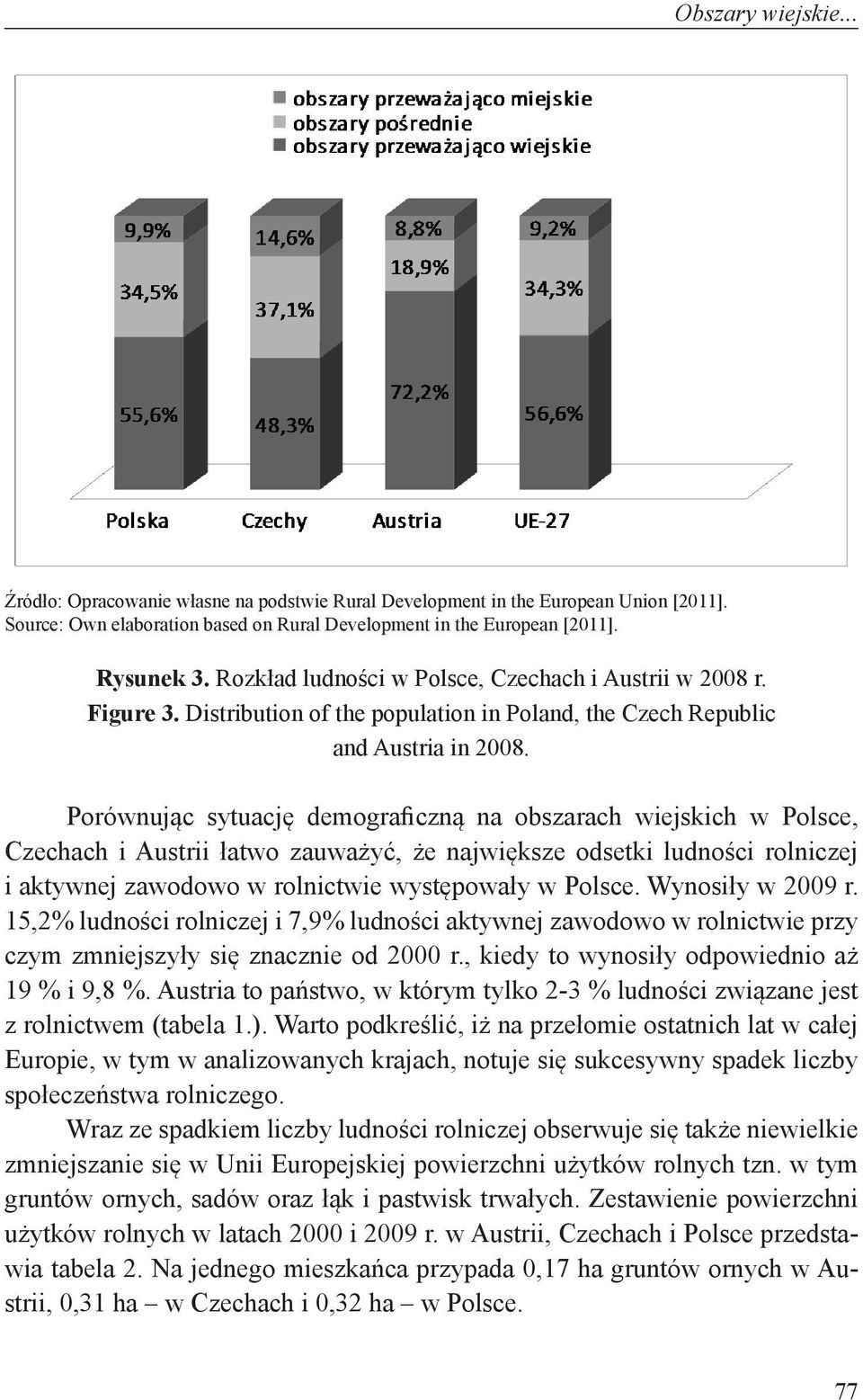 Porównując sytuację demograficzną na obszarach wiejskich w Polsce, Czechach i Austrii łatwo zauważyć, że największe odsetki ludności rolniczej i aktywnej zawodowo w rolnictwie występowały w Polsce.