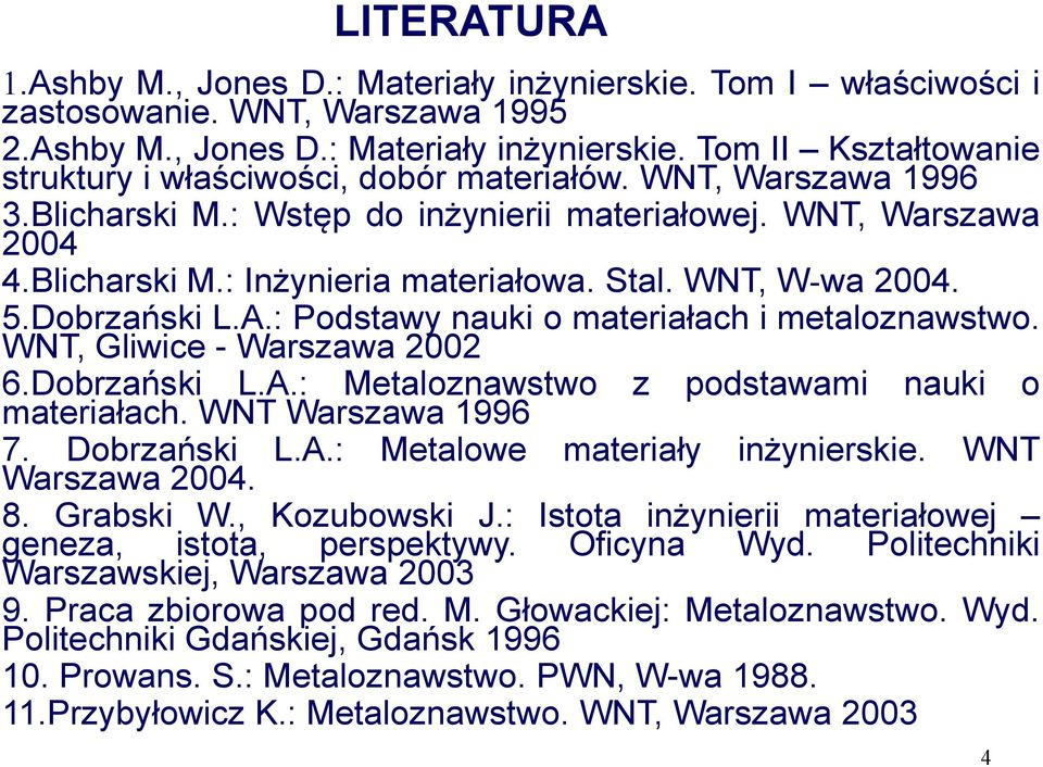 : Podstawy nauki o materiałach i metaloznawstwo. WNT, Gliwice - Warszawa 2002 6.Dobrzański L.A.: Metaloznawstwo z podstawami nauki o materiałach. WNT Warszawa 1996 7. Dobrzański L.A.: Metalowe materiały inżynierskie.