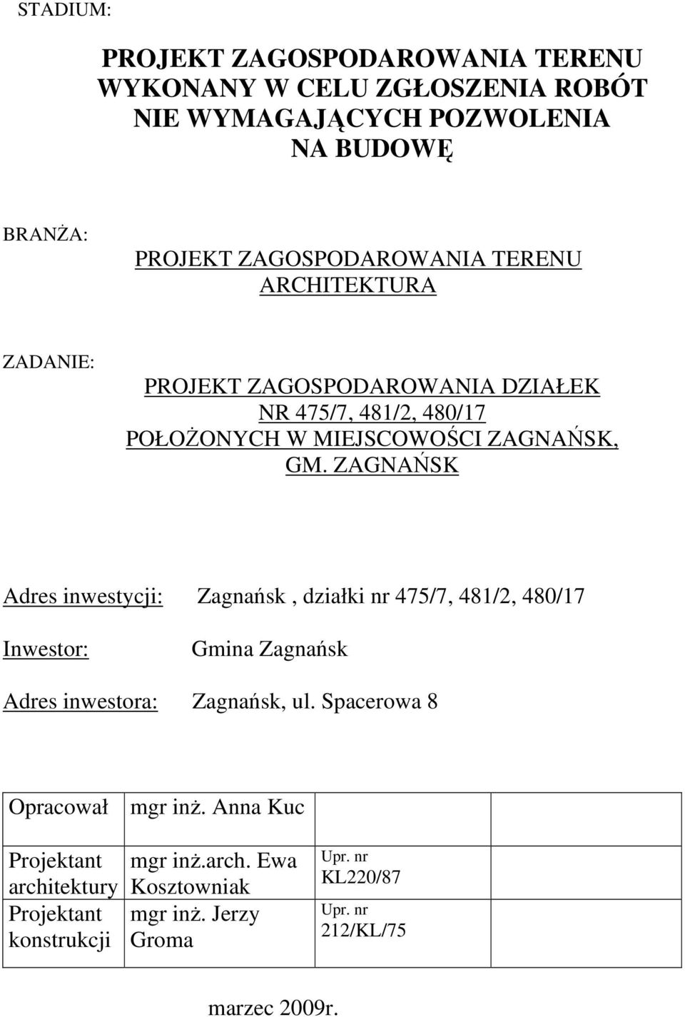 ZAGNAŃSK Adres inwestycji: Zagnańsk, działki nr 475/7, 481/2, 480/17 Inwestor: Gmina Zagnańsk Adres inwestora: Zagnańsk, ul.