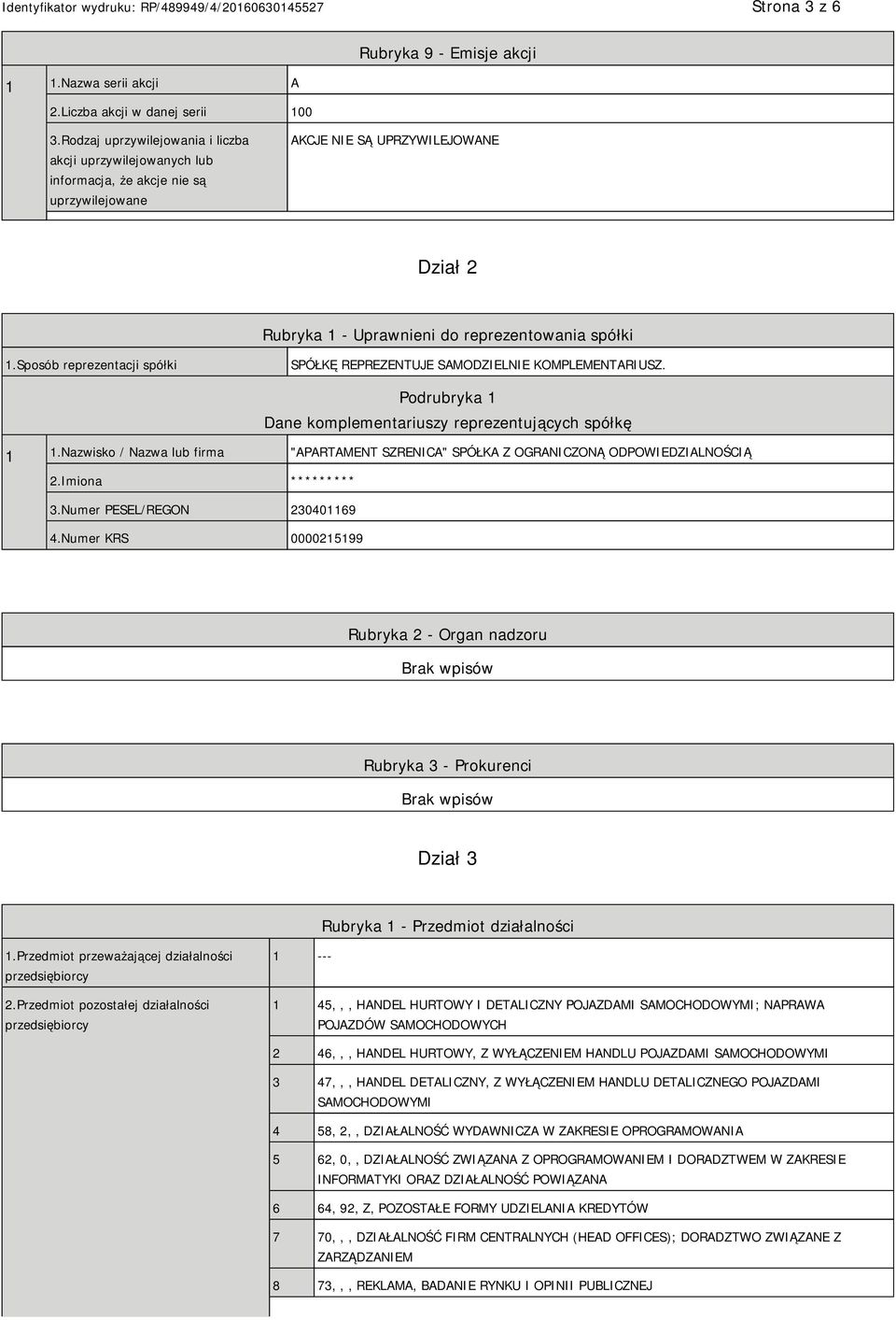 Sposób reprezentacji spółki SPÓŁKĘ REPREZENTUJE SAMODZIELNIE KOMPLEMENTARIUSZ. Podrubryka 1 Dane komplementariuszy reprezentujących spółkę 1 1.