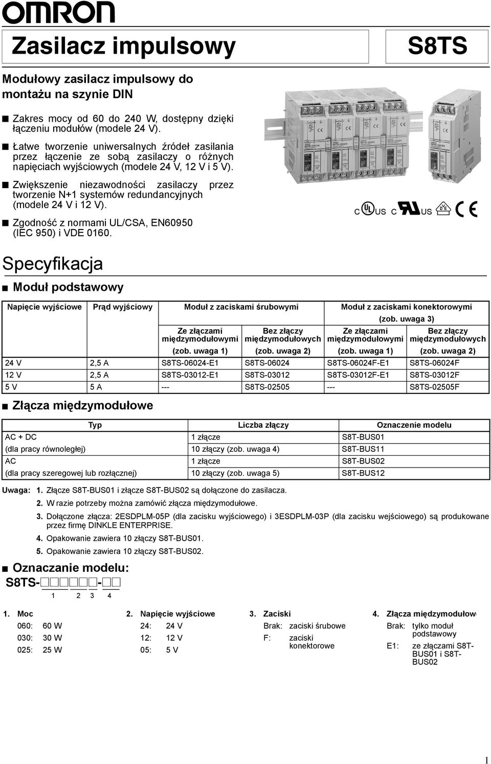 Zwiększenie niezawodności zasilaczy przez tworzenie N+1 systemów redundancyjnych (modele 24 V i 12 V). Zgodność z normami UL/CSA, EN60950 (IEC 950) i VDE 0160.