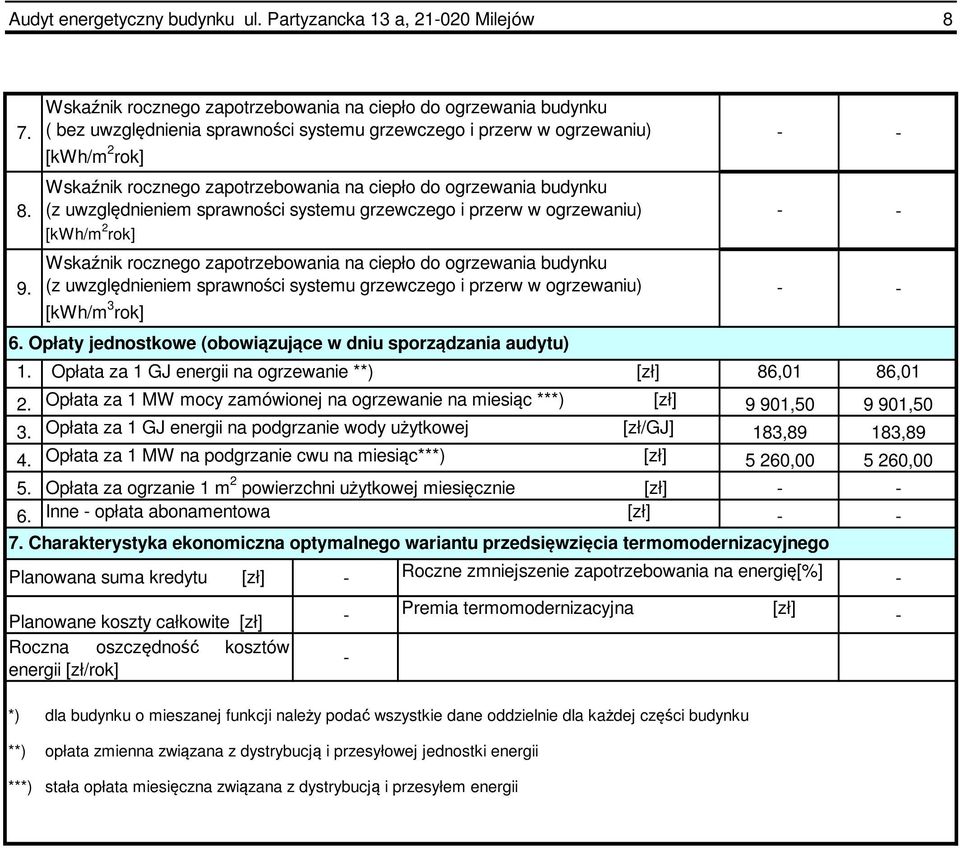 Wskaźnik rocznego zapotrzebowania na ciepło do ogrzewania budynku (z uwzględnieniem sprawności systemu grzewczego i przerw w ogrzewaniu) [kwh/m 2 rok] 9.