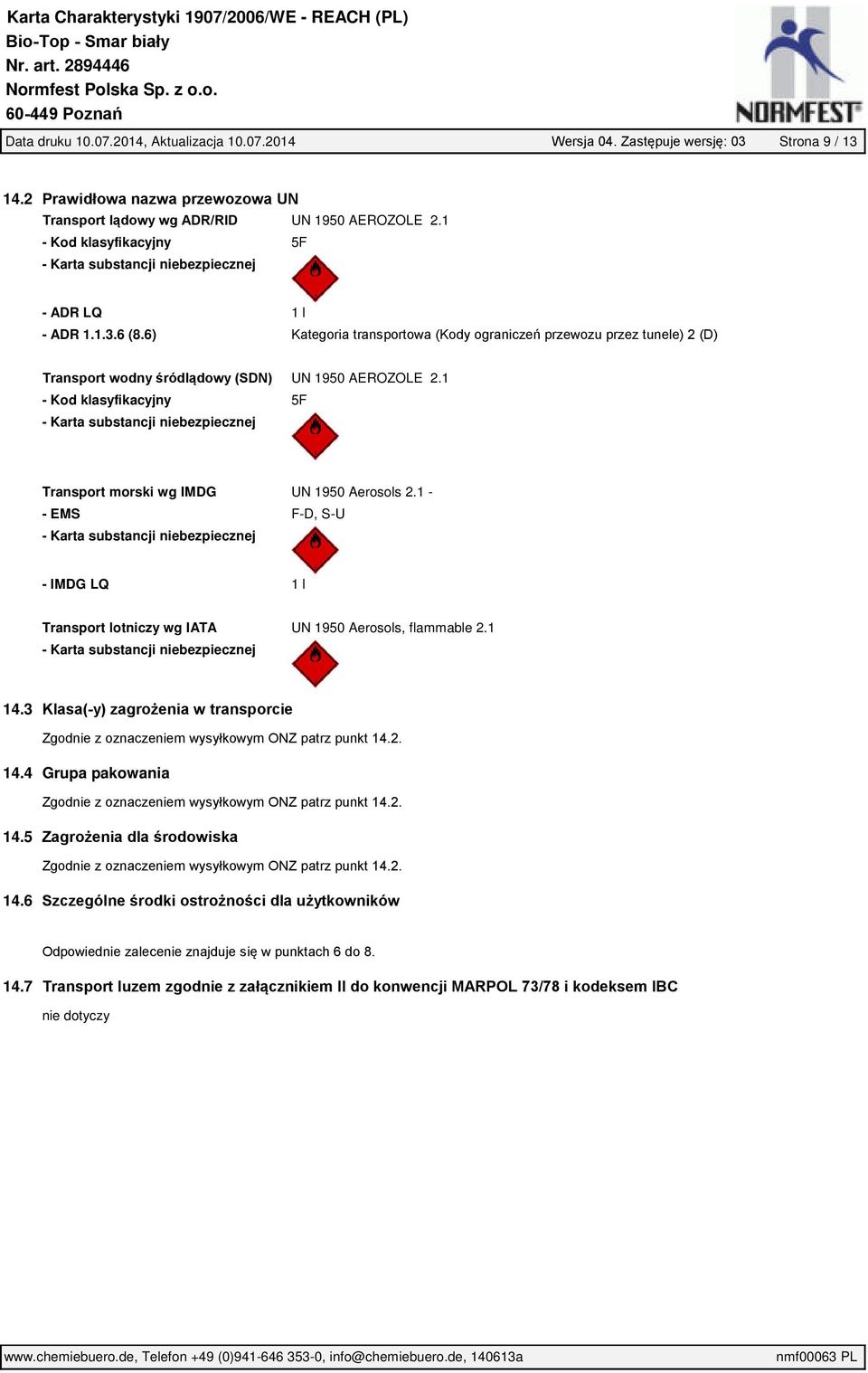 6) Kategoria transportowa (Kody ograniczeń przewozu przez tunele) 2 (D) Transport wodny śródlądowy (SDN) UN 1950 AEROZOLE 2.