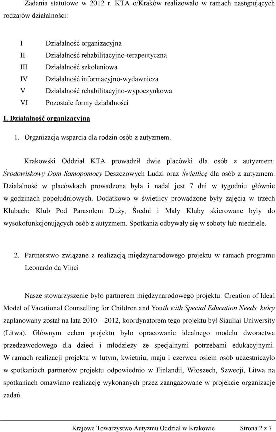 działalności I. Działalność organizacyjna 1. Organizacja wsparcia dla rodzin osób z autyzmem.