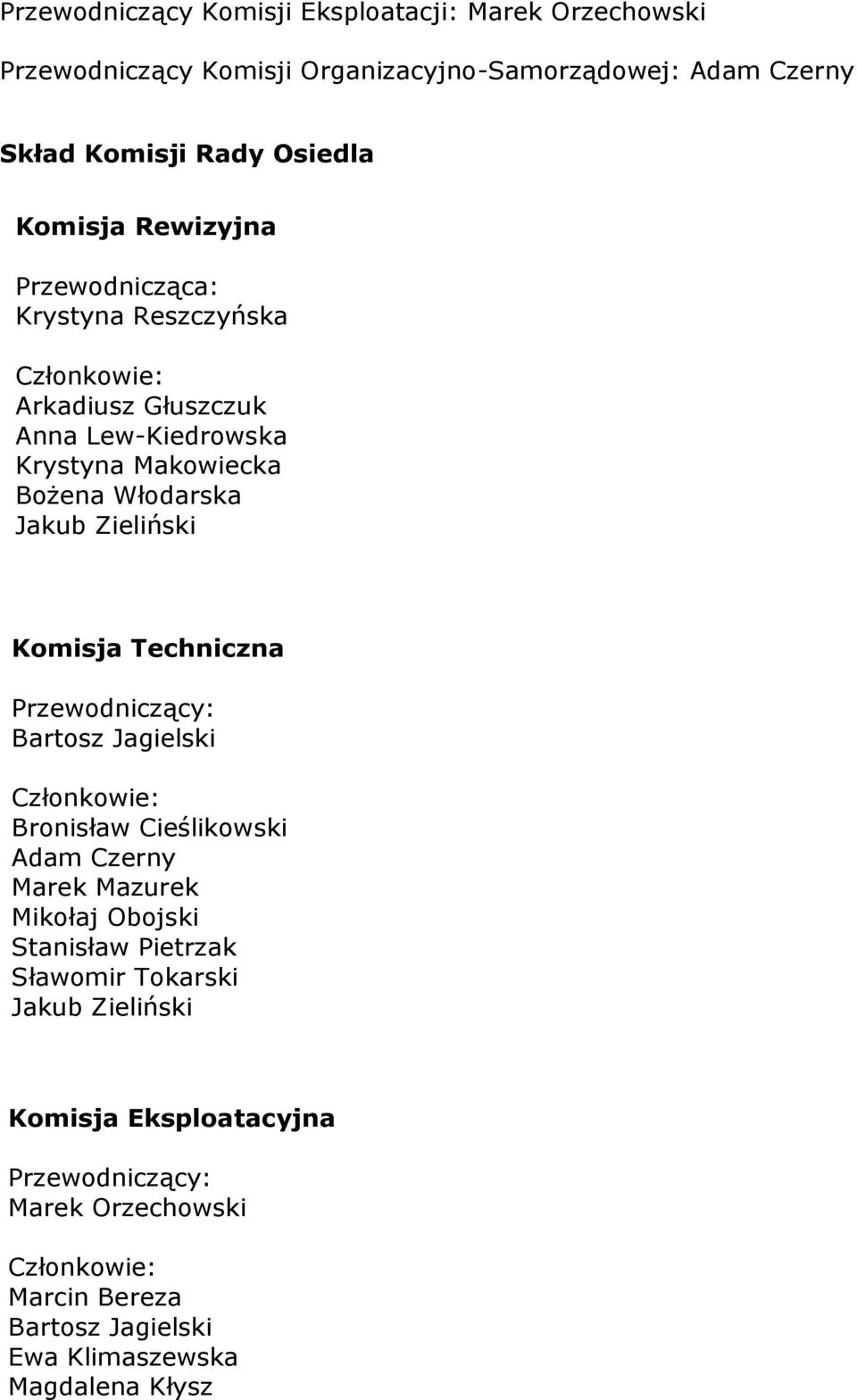 Komisja Techniczna Przewodniczący: Bartosz Jagielski Członkowie: Bronisław Cieślikowski Adam Czerny Marek Mazurek Mikołaj Obojski Stanisław Pietrzak