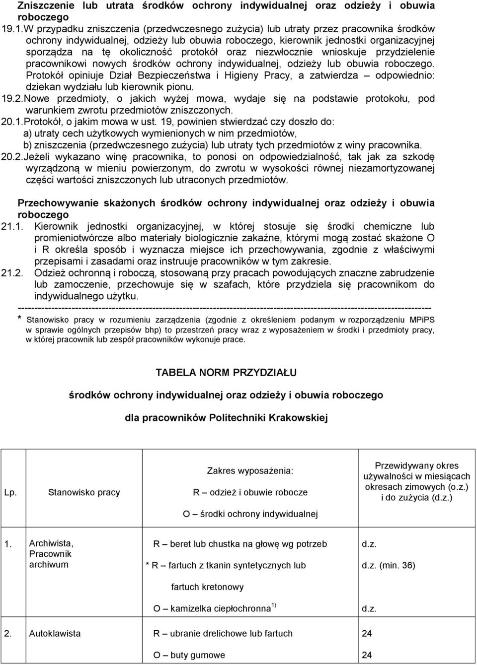 okoliczność protokół oraz niezwłocznie wnioskuje przydzielenie pracownikowi nowych środków ochrony indywidualnej, odzieży lub obuwia roboczego.