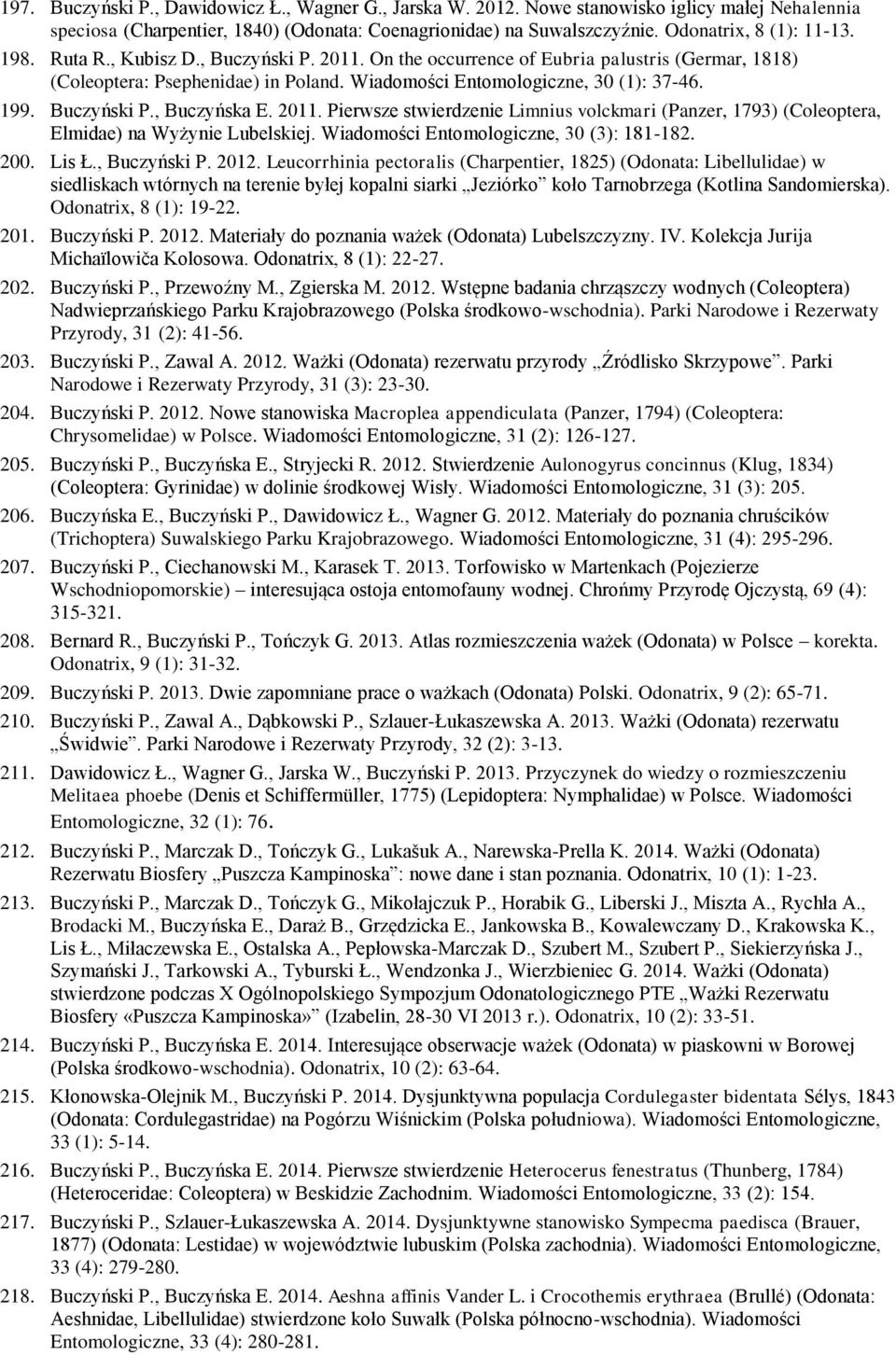 2011. Pierwsze stwierdzenie Limnius volckmari (Panzer, 1793) (Coleoptera, Elmidae) na Wyżynie Lubelskiej. Wiadomości Entomologiczne, 30 (3): 181-182. 200. Lis Ł., Buczyński P. 2012.