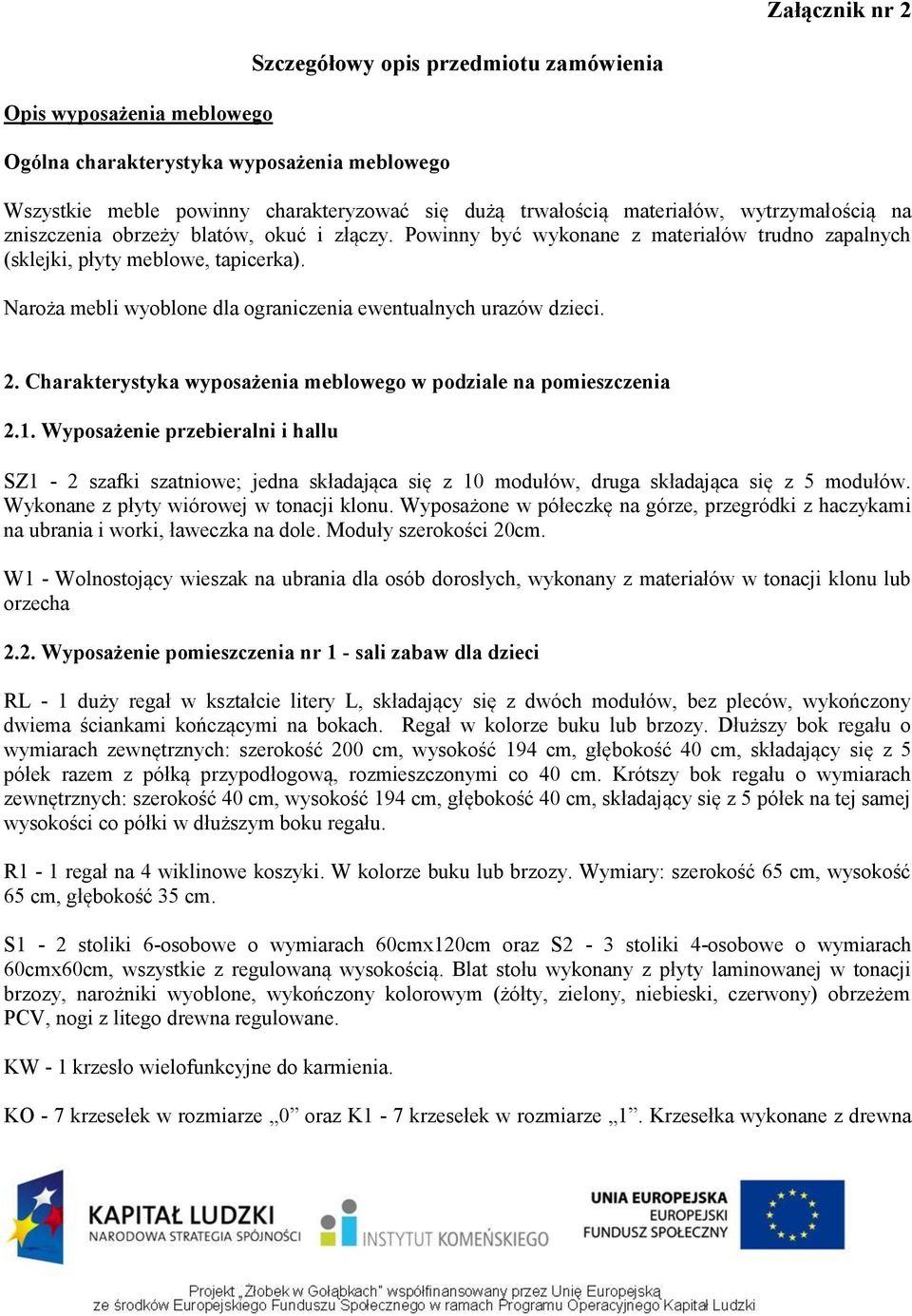 Naroża mebli wyoblone dla ograniczenia ewentualnych urazów dzieci. 2. Charakterystyka wyposażenia meblowego w podziale na pomieszczenia 2.1.