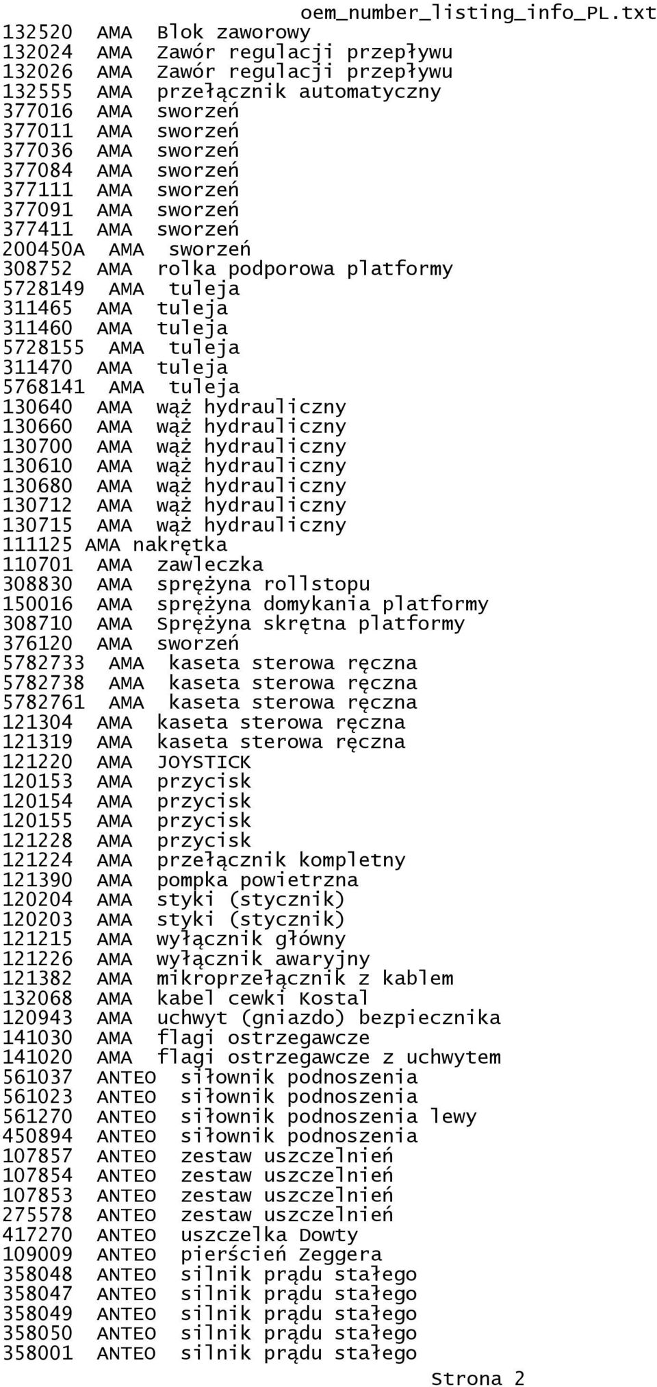 311470 AMA tuleja 5768141 AMA tuleja 130640 AMA wąż hydrauliczny 130660 AMA wąż hydrauliczny 130700 AMA wąż hydrauliczny 130610 AMA wąż hydrauliczny 130680 AMA wąż hydrauliczny 130712 AMA wąż