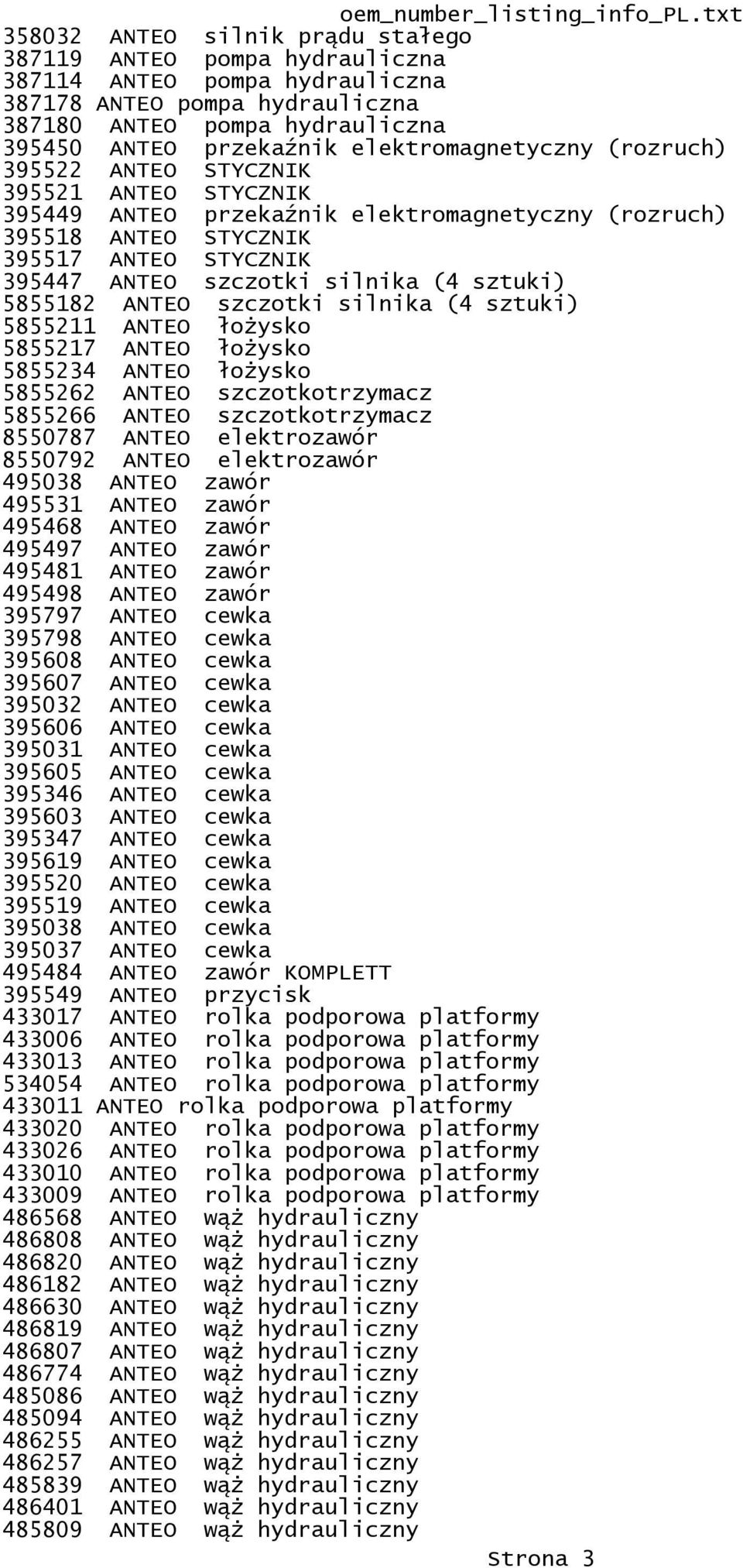 (4 sztuki) 5855182 ANTEO szczotki silnika (4 sztuki) 5855211 ANTEO łożysko 5855217 ANTEO łożysko 5855234 ANTEO łożysko 5855262 ANTEO szczotkotrzymacz 5855266 ANTEO szczotkotrzymacz 8550787 ANTEO