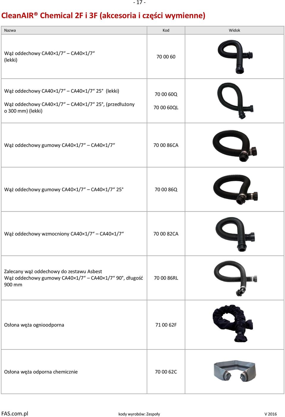 86CA Wąż oddechowy gumowy CA40 1/7 CA40 1/7 25 70 00 86Q Wąż oddechowy wzmocniony CA40 1/7 CA40 1/7 70 00 82CA Zalecany wąż oddechowy do zestawu