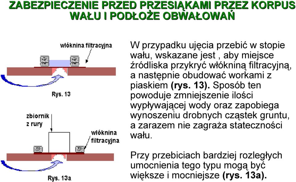 Sposób ten powoduje zmniejszenie ilości wypływającej wody oraz zapobiega wynoszeniu drobnych cząstek gruntu, a zarazem