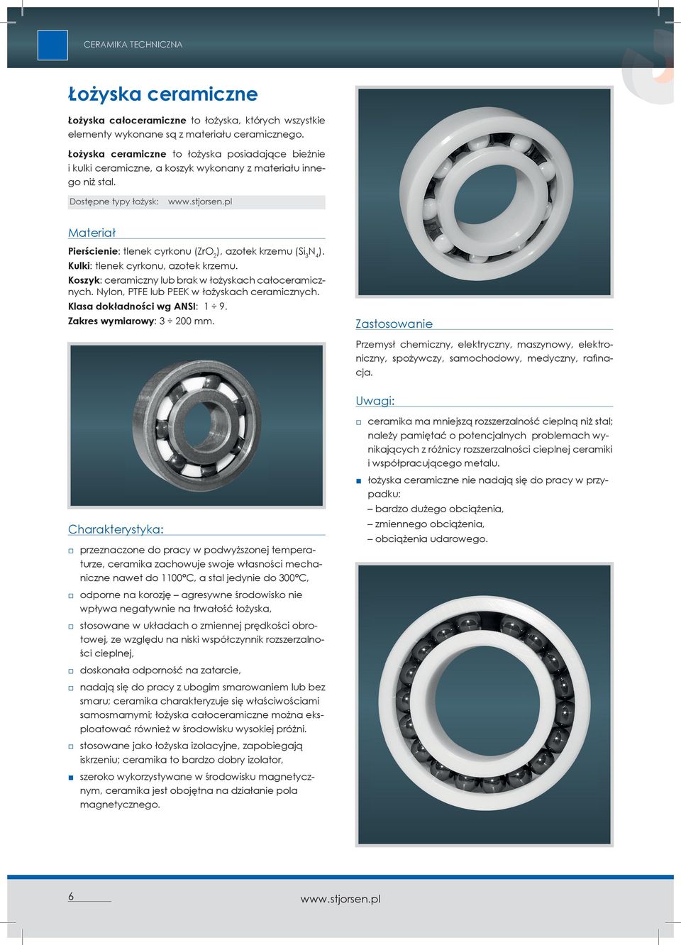 Kulki: tlenek cyrkonu, azotek krzemu. Koszyk: ceramiczny lub brak w łożyskach całoceramicznych. Nylon, PTFE lub PEEK w łożyskach ceramicznych. Klasa dokładności wg ANSI: 1 9.