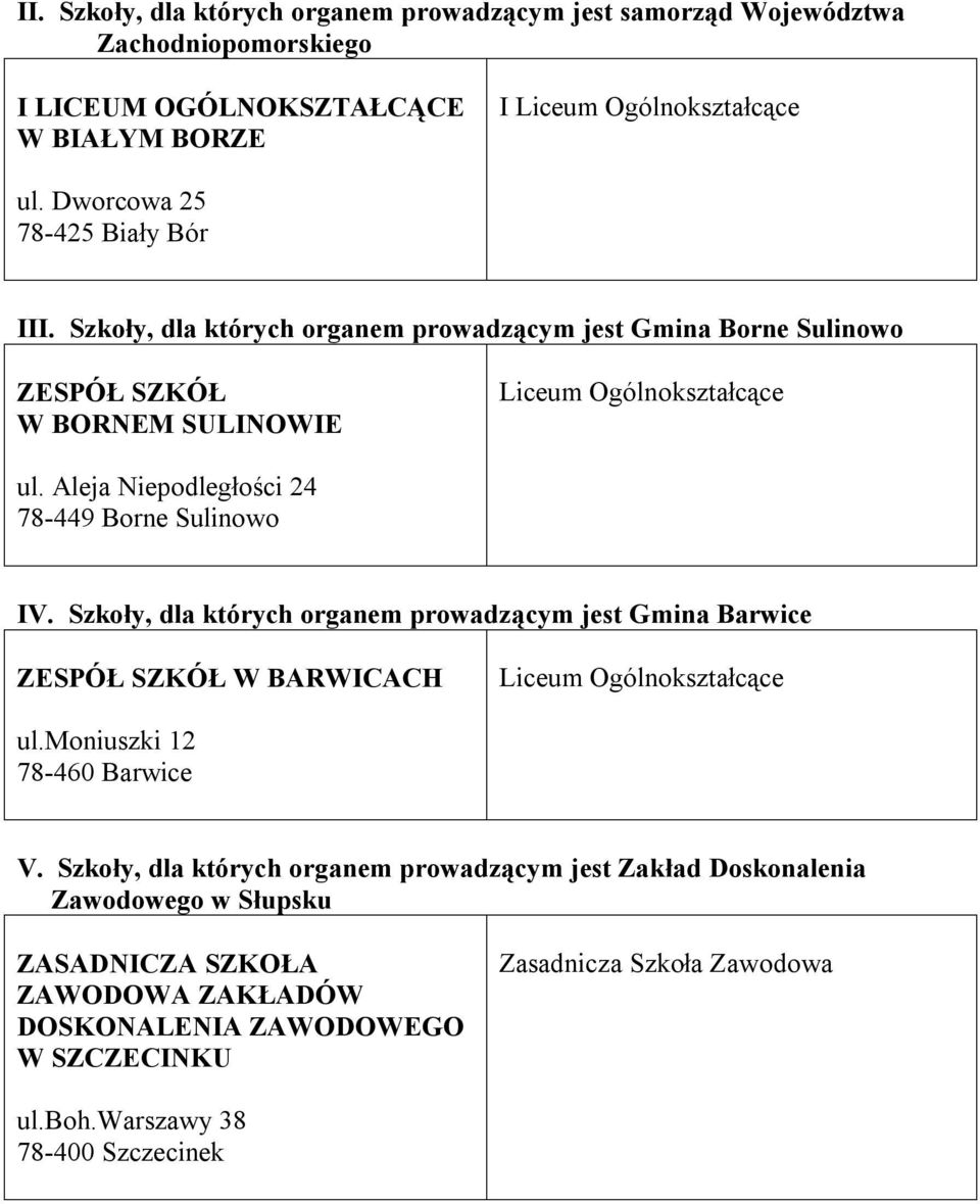 Aleja Niepodległości 24 78-449 Borne Sulinowo IV. Szkoły, dla których organem prowadzącym jest Gmina Barwice ZESPÓŁ SZKÓŁ W BARWICACH Liceum Ogólnokształcące ul.