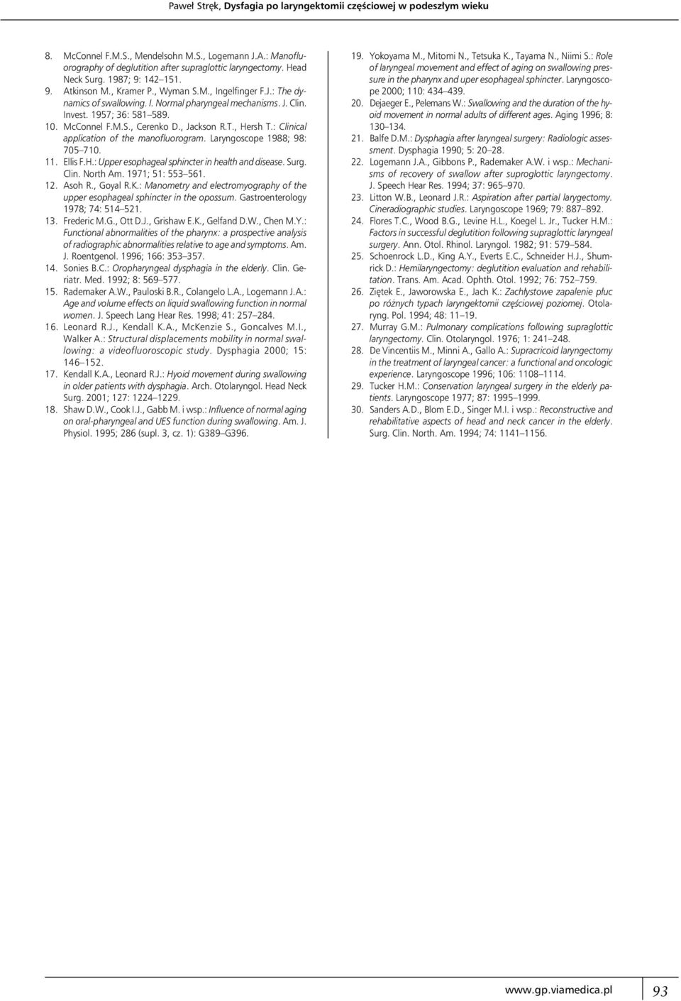 , Jackson R.T., Hersh T.: Clinical application of the manofluorogram. Laryngoscope 1988; 98: 705 710. 11. Ellis F.H.: Upper esophageal sphincter in health and disease. Surg. Clin. North Am.