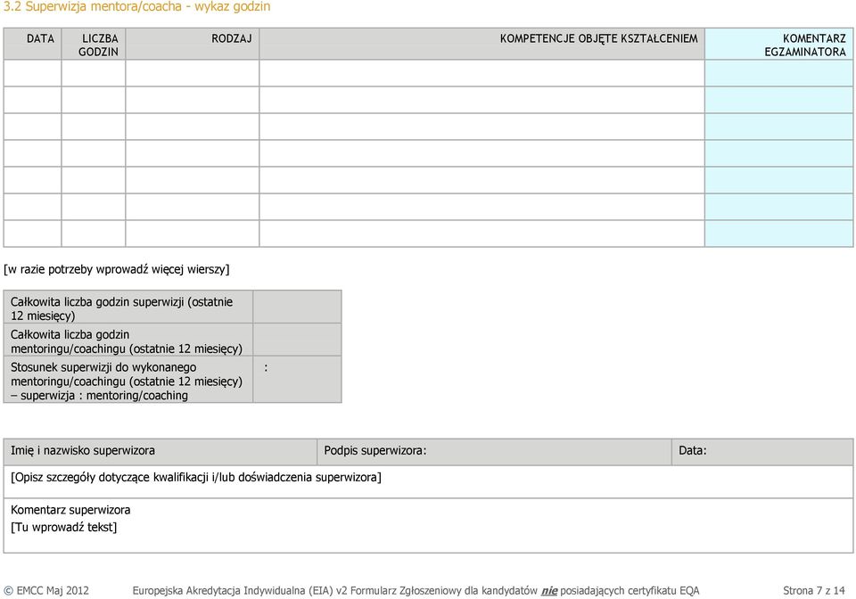 (ostatnie 12 miesięcy) superwizja : mentoring/coaching : Imię i nazwisko superwizora Podpis superwizora: Data: [Opisz szczegóły dotyczące kwalifikacji i/lub doświadczenia