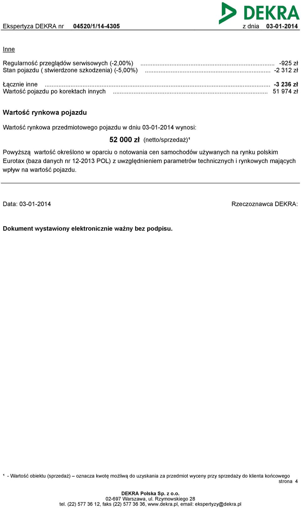 samochodów używanych na rynku polskim Eurotax (baza danych nr 12-2013 POL) z uwzględnieniem parametrów technicznych i rynkowych mających wpływ na wartość pojazdu.