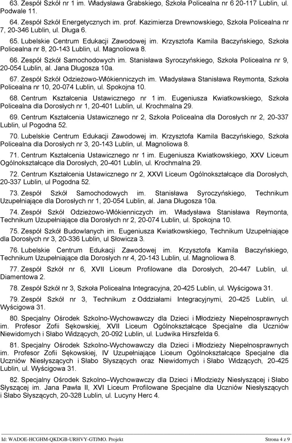 Magnoliowa 8. 66. Zespół Szkół Samochodowych im. Stanisława Syroczyńskiego, Szkoła Policealna nr 9, 20-054 Lublin, al. Jana Długosza 10a. 67. Zespół Szkół Odzieżowo-Włókienniczych im.