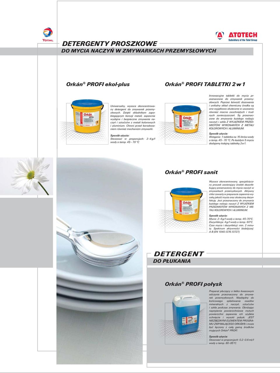 Stosować w proporcjach: 2-4 g/l wody o temp. 45-70 C Innowacyjne tabletki do mycia przeznaczone do zmywarek przemysłowych.
