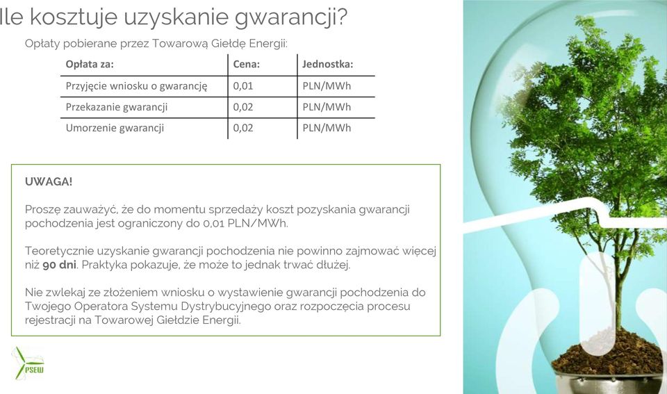 gwarancji 0,02 PLN/MWh UWAGA! Proszę zauważyć, że do momentu sprzedaży koszt pozyskania gwarancji pochodzenia jest ograniczony do 0,01 PLN/MWh.